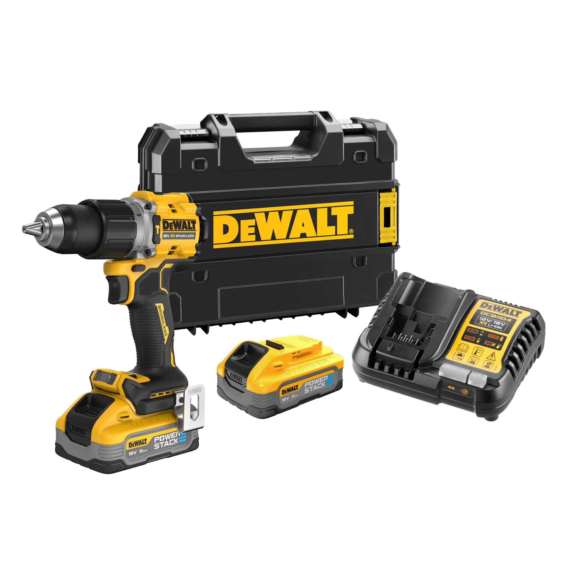 Pildil on näha DeWalt akulööktrell DCD805H2T-QW koos laadija, akude ja hoiukohvriga.