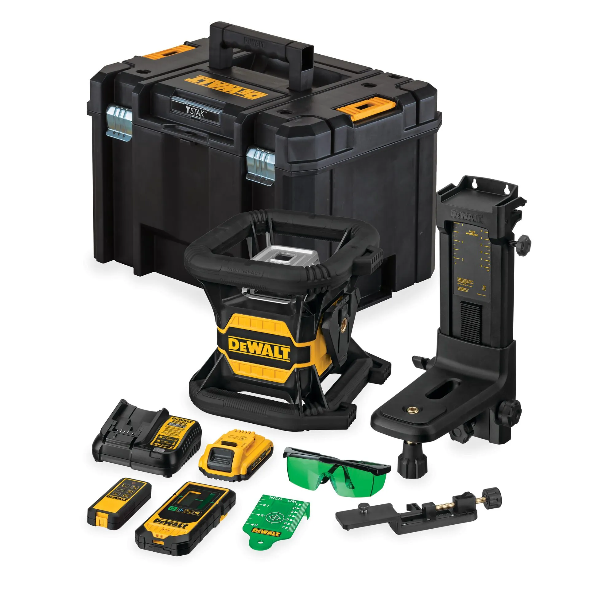 Pildil on näha DeWalt pöördlaseri DCE080D1GS komplekt, mis sisaldab tööriista, hoiukarpi, akusid, laadijat...