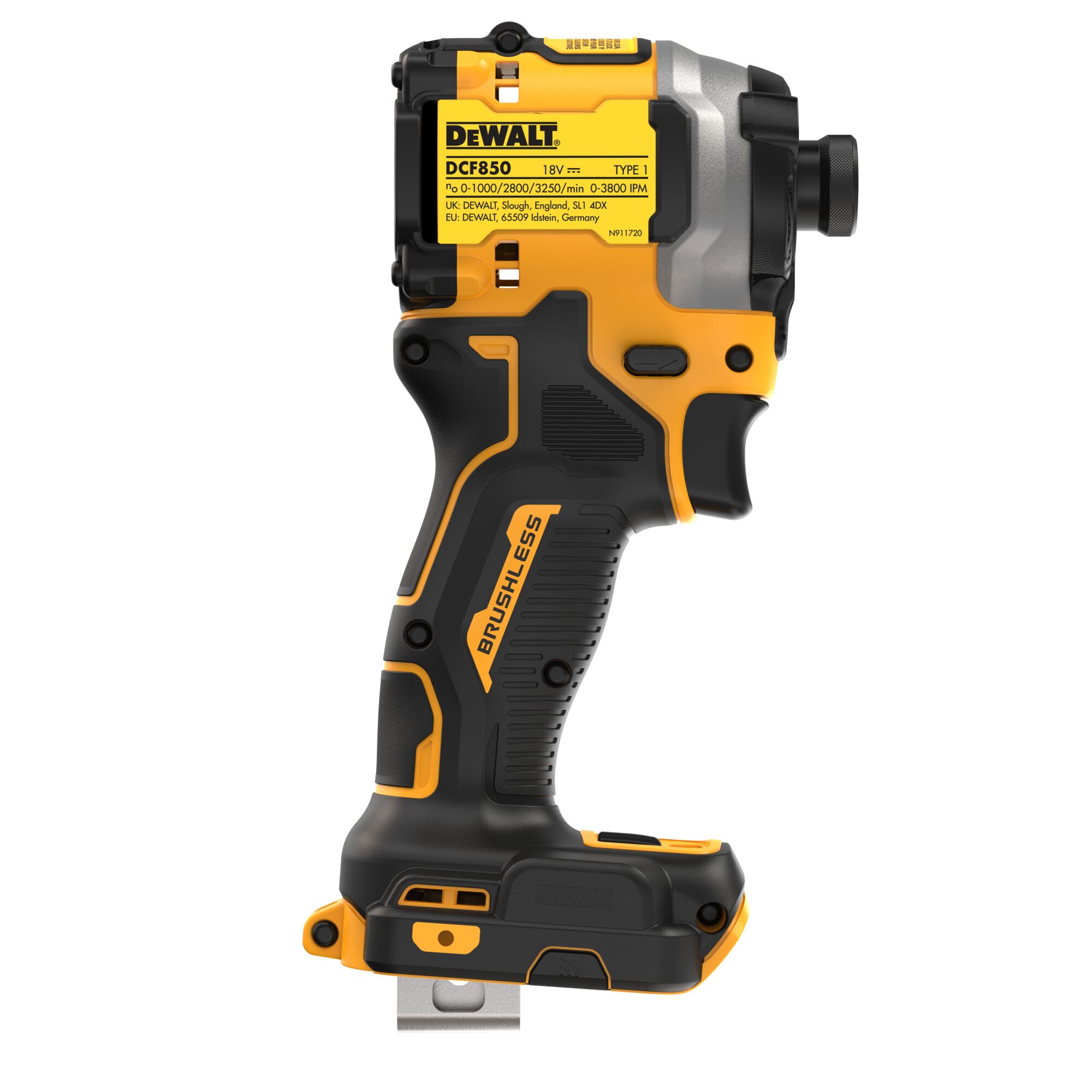 Pildil on DeWalt DCF850N akulöökkruvikeeraja, millel on musta ja kollase detailid ning mis on mõeldud ehitustöödeks.