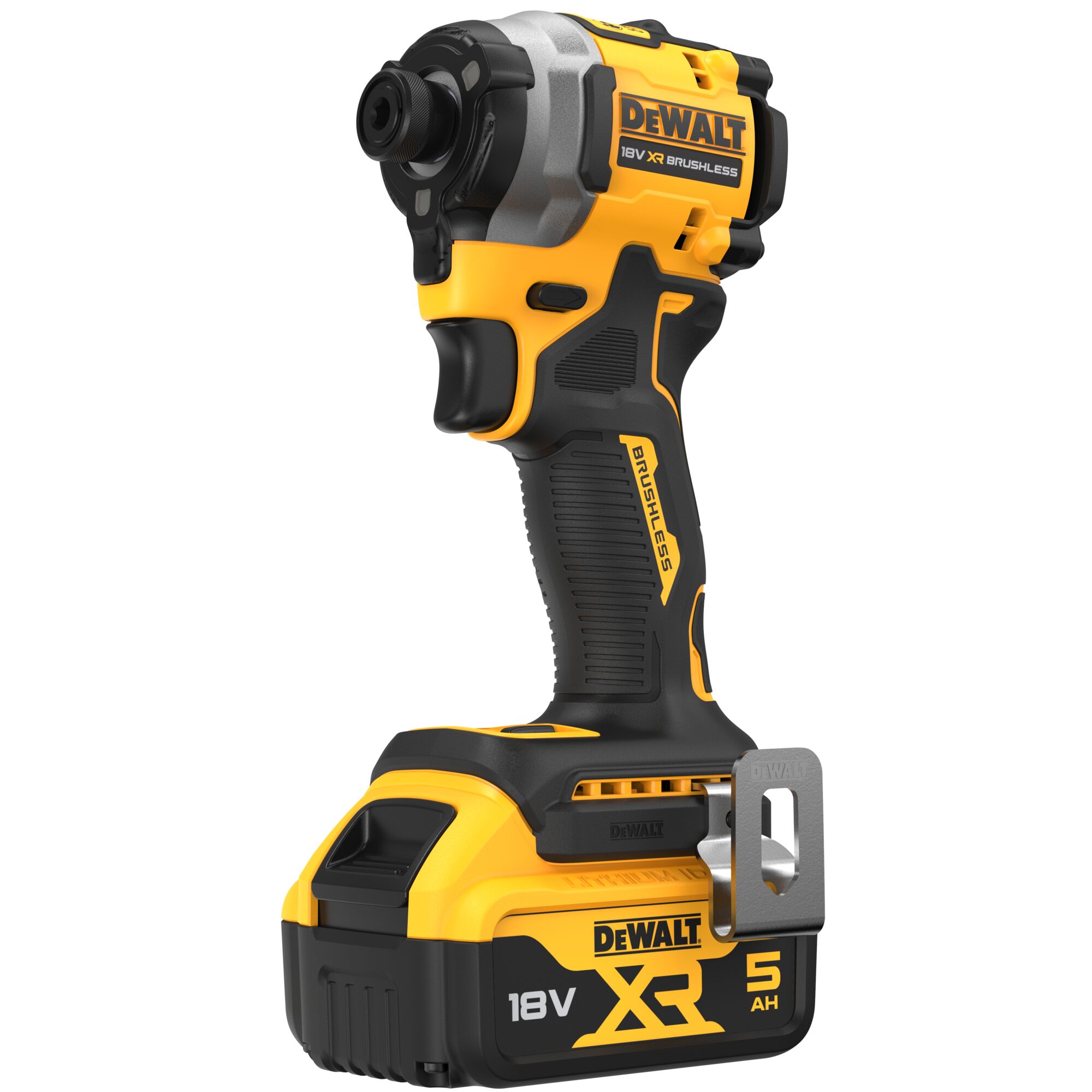 Pildil on DeWalt DCF850P2T akulöökkruvikeeraja, mis on kollase ja musta värviga ning millel on aku küljes.