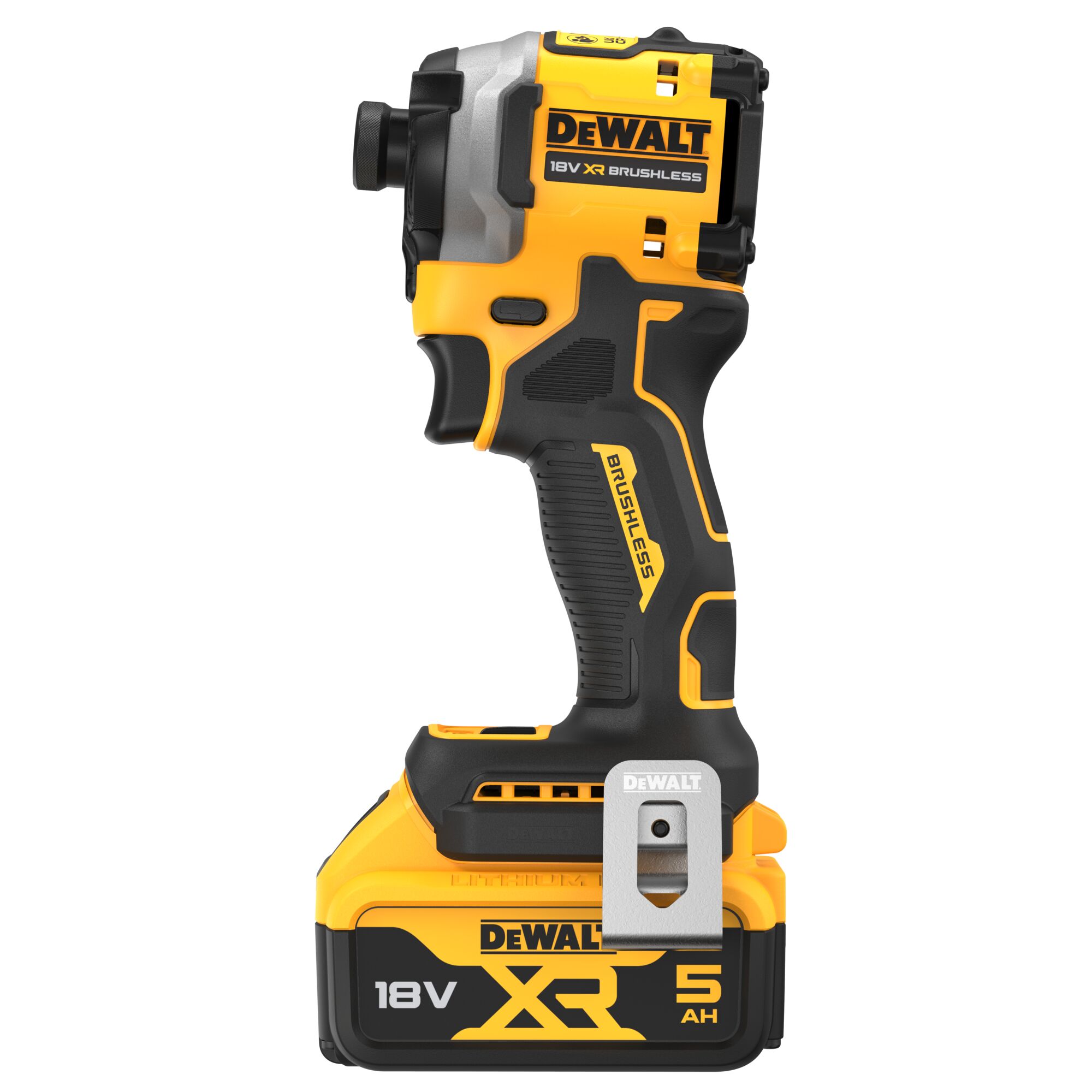 Pildil on DeWalt akulöökkruvikeeraja DCF850P2T, millel on kollane ja must korpus ning aku külge kinnitatud klamber.