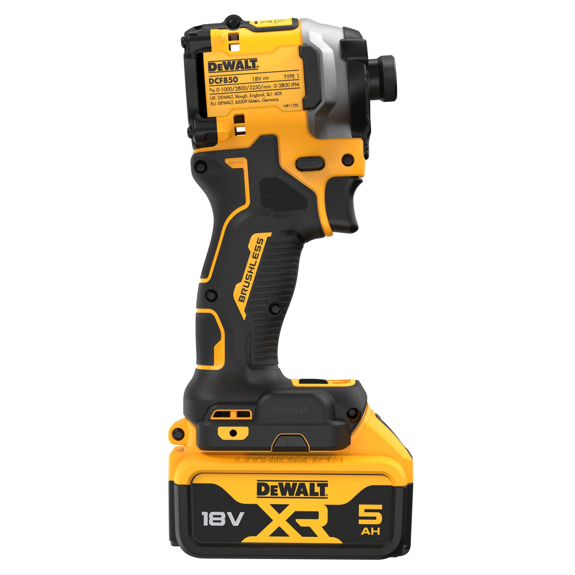Pildil on DeWalt DCF850P2T akulöökkruvikeeraja, mis on valge taustaga, roheline ja kollane.