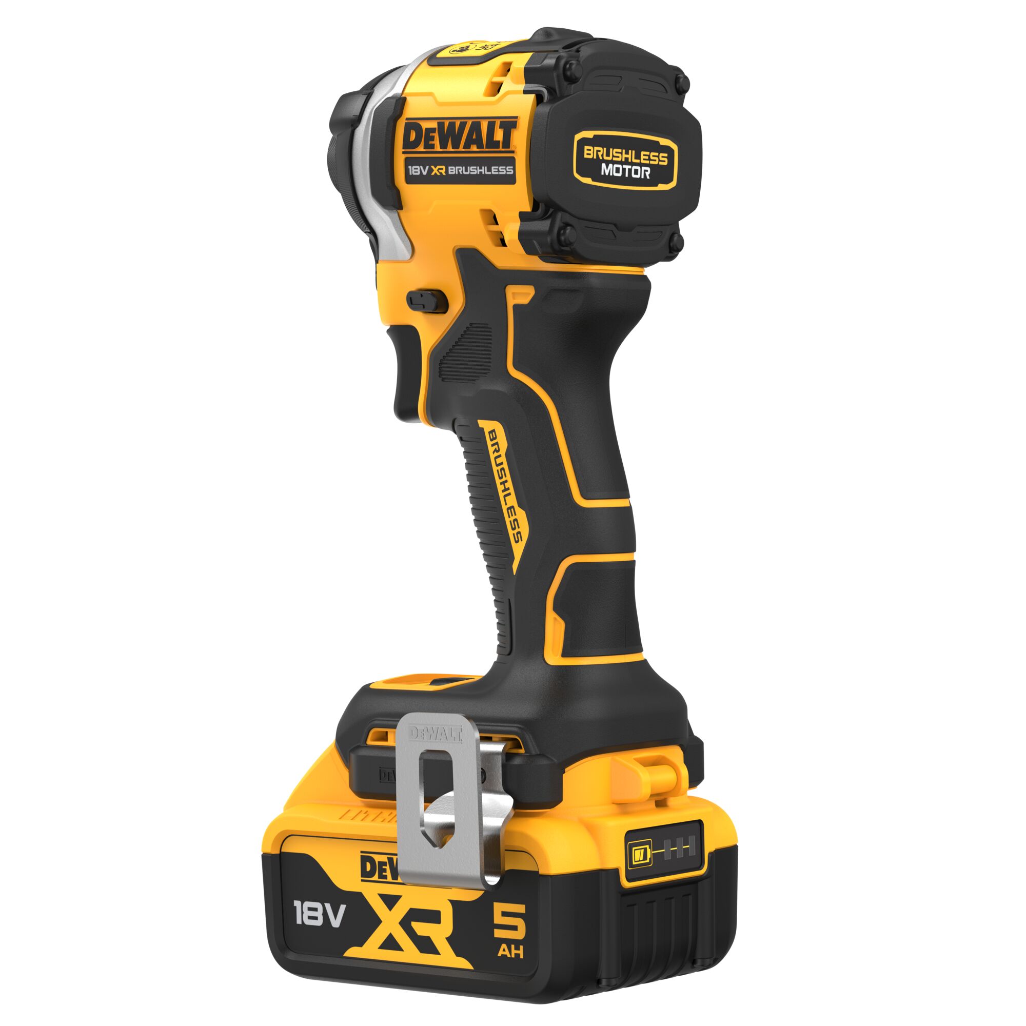 Pildil on DeWalt DCF850P2T akulöökkruvikeeraja, mis on kollase ja musta värviga ning millel on aku küljes.