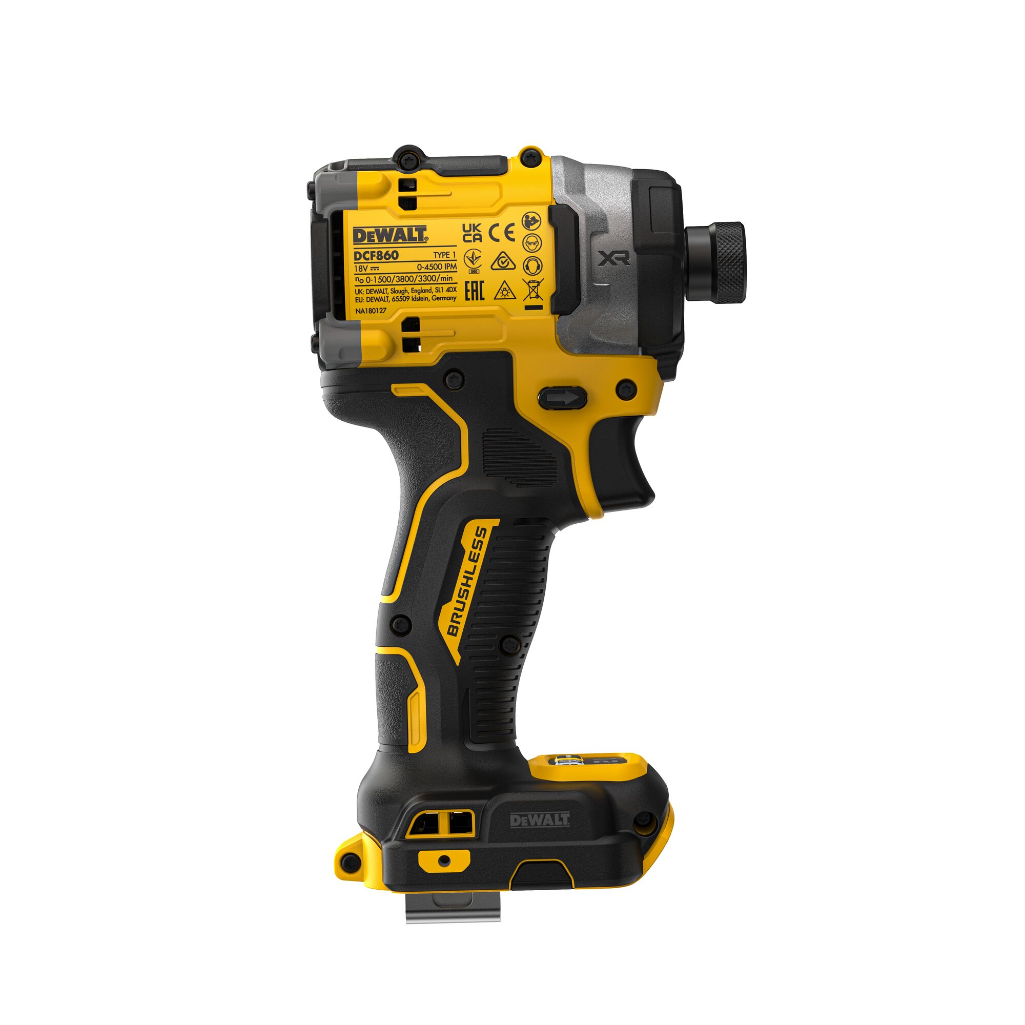 Pildil on DeWalt DCF860N akulöökkruvikeeraja, mis on musta ja kollase värviga, millel on nähtav "BRUSHLESS" silt ja "XR"...