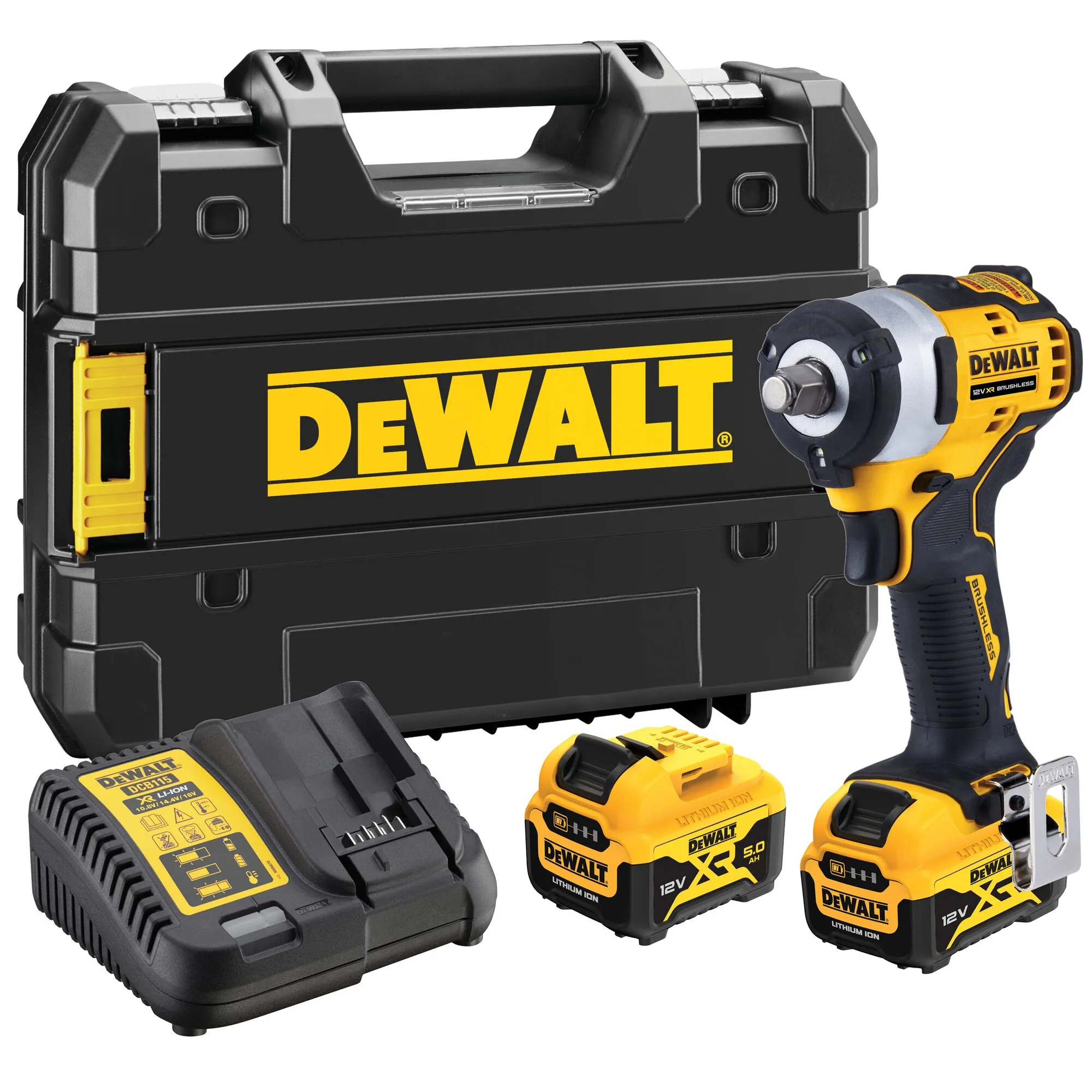 Pildil on DeWalt DCF901P2 akulöökmutrikeeraja koos laadija, kahe akuga ja hoiukohvriga.