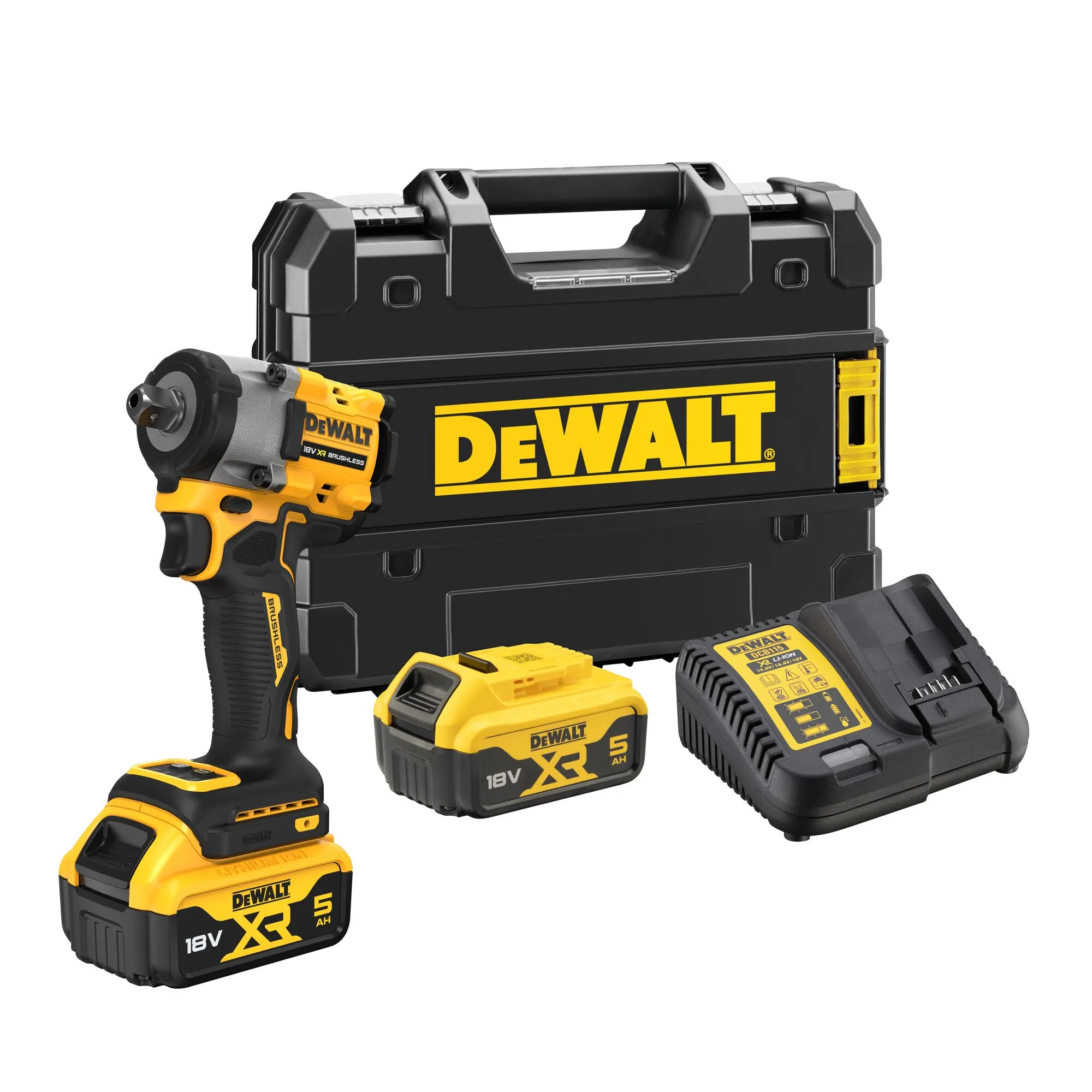 Pildil on näha DeWalt akulöökmutrikeeraja DCF922P2T koos kahe akuga, laadija ja hoiukarbiga.