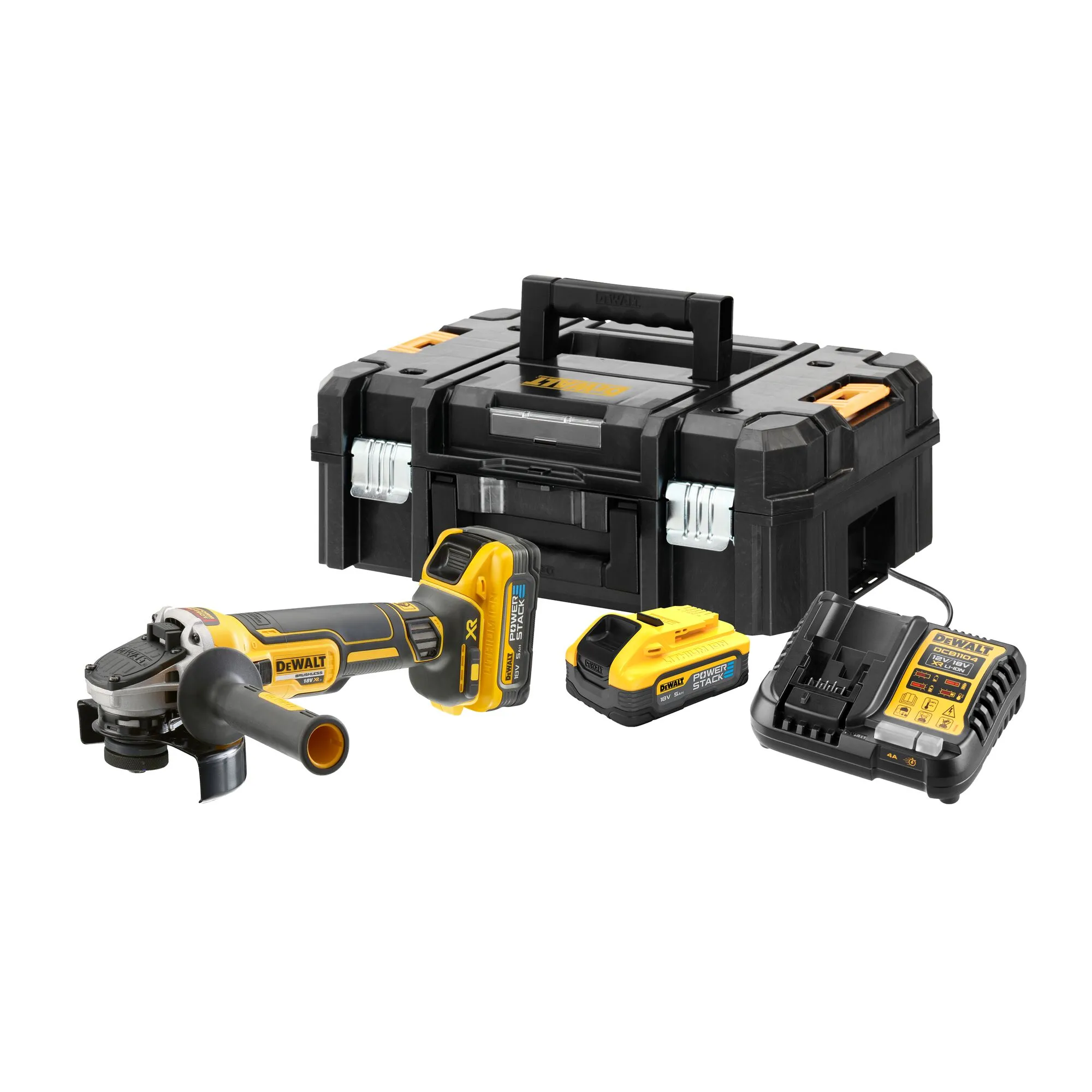 Pildil on näha DeWalt Flexvolt Advantage DCG409H2T akunurklihvija koos akude, laadija ja hoiukastiga.