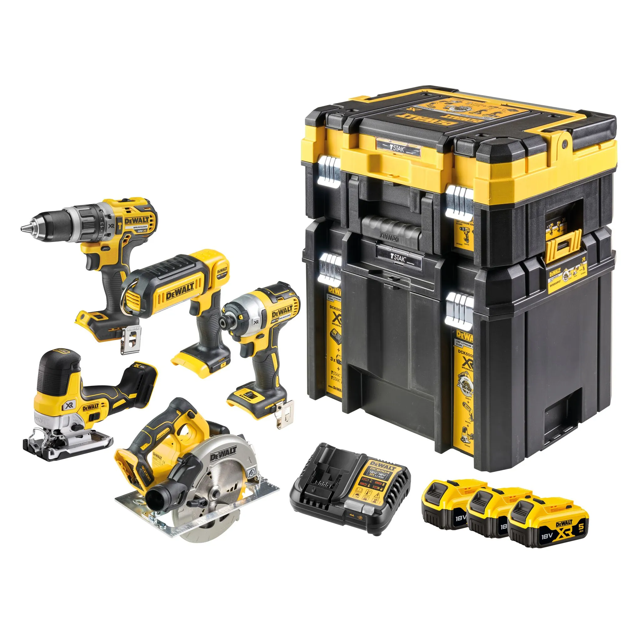 Dewalt 18 V akutööriistade kombokit sisaldab puuri, löökkruvikeerajat, tikksaagi, ketassaagi, akusid, laadijat ja...