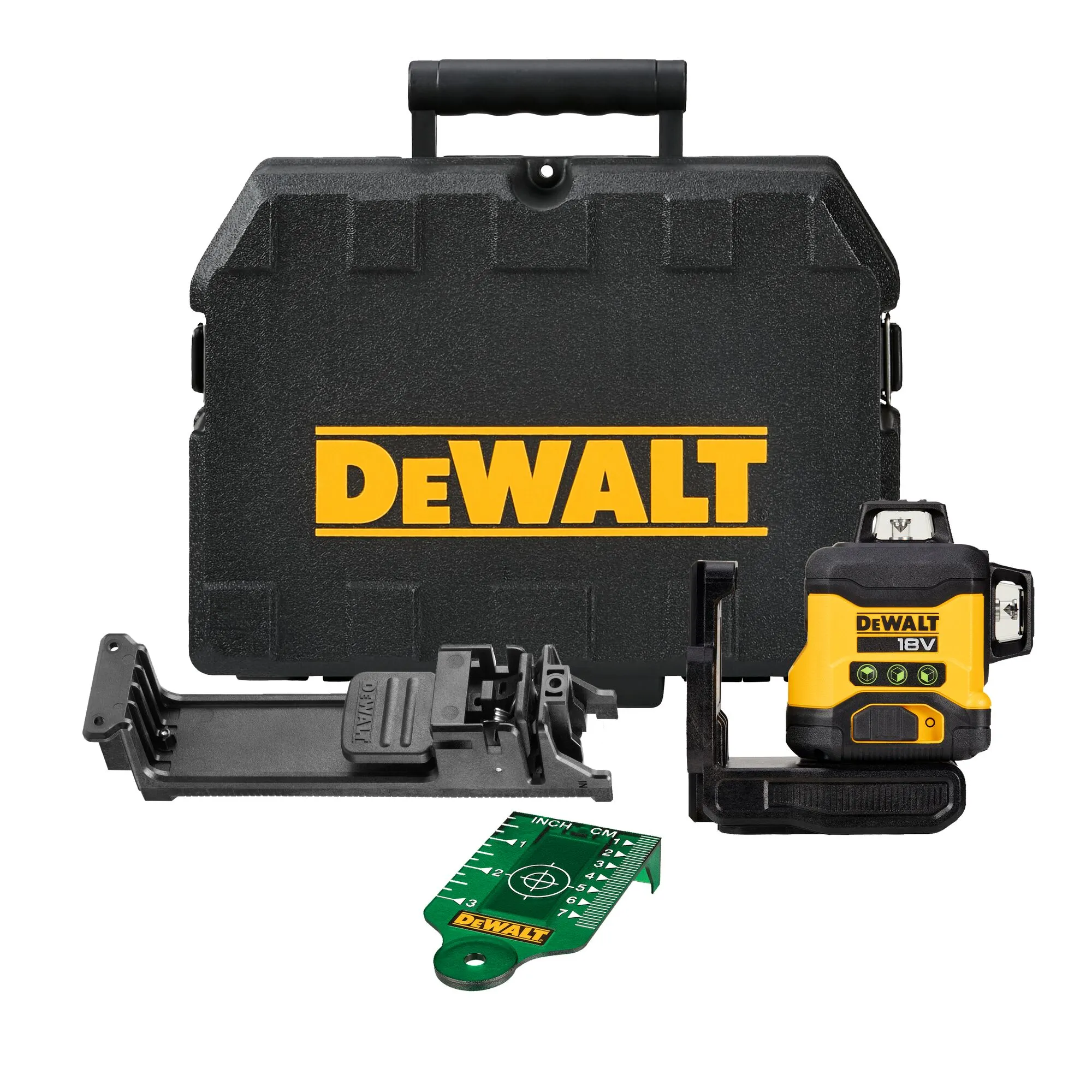 Pildil on DeWalt ristlaser DCLE34031N, mis on mustas transpordikohvris koos vajalike tarvikutega.