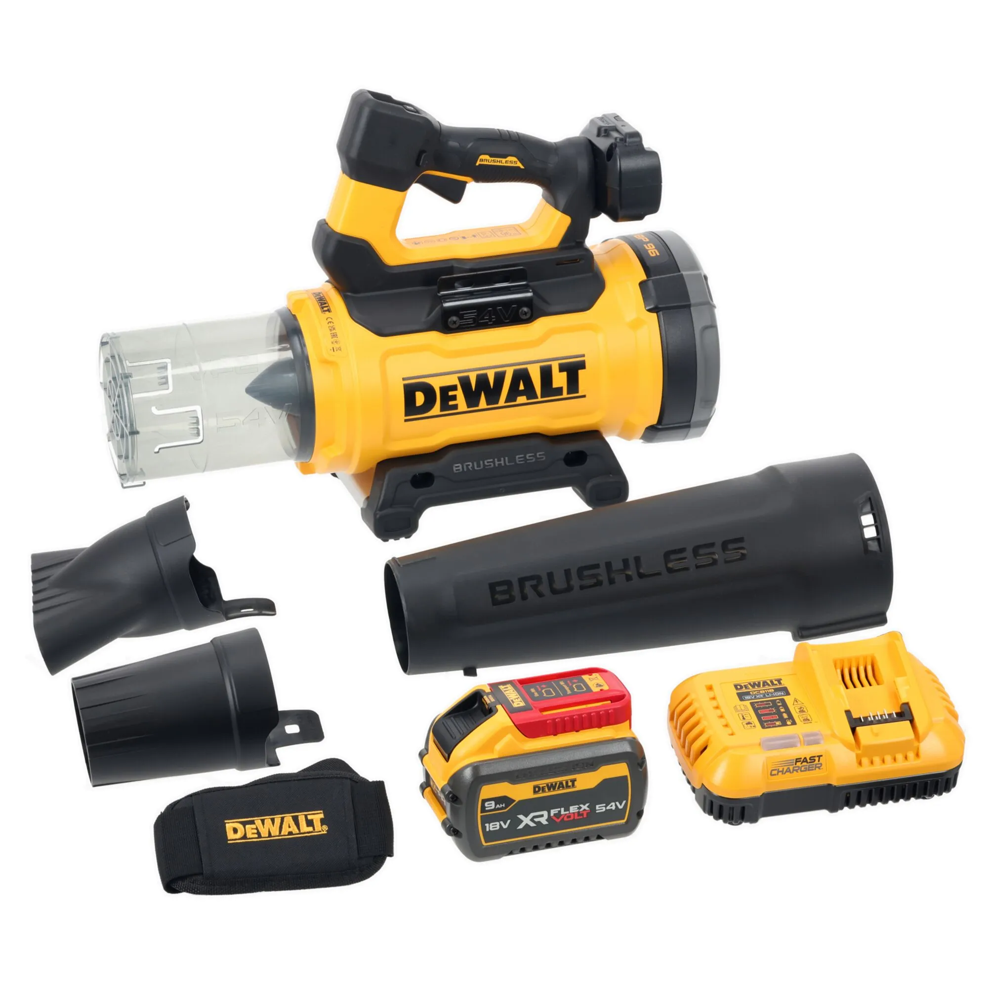 Pildil on DeWalt akutoitega lehepuhur koos tarvikute, akude ja laadijaga.