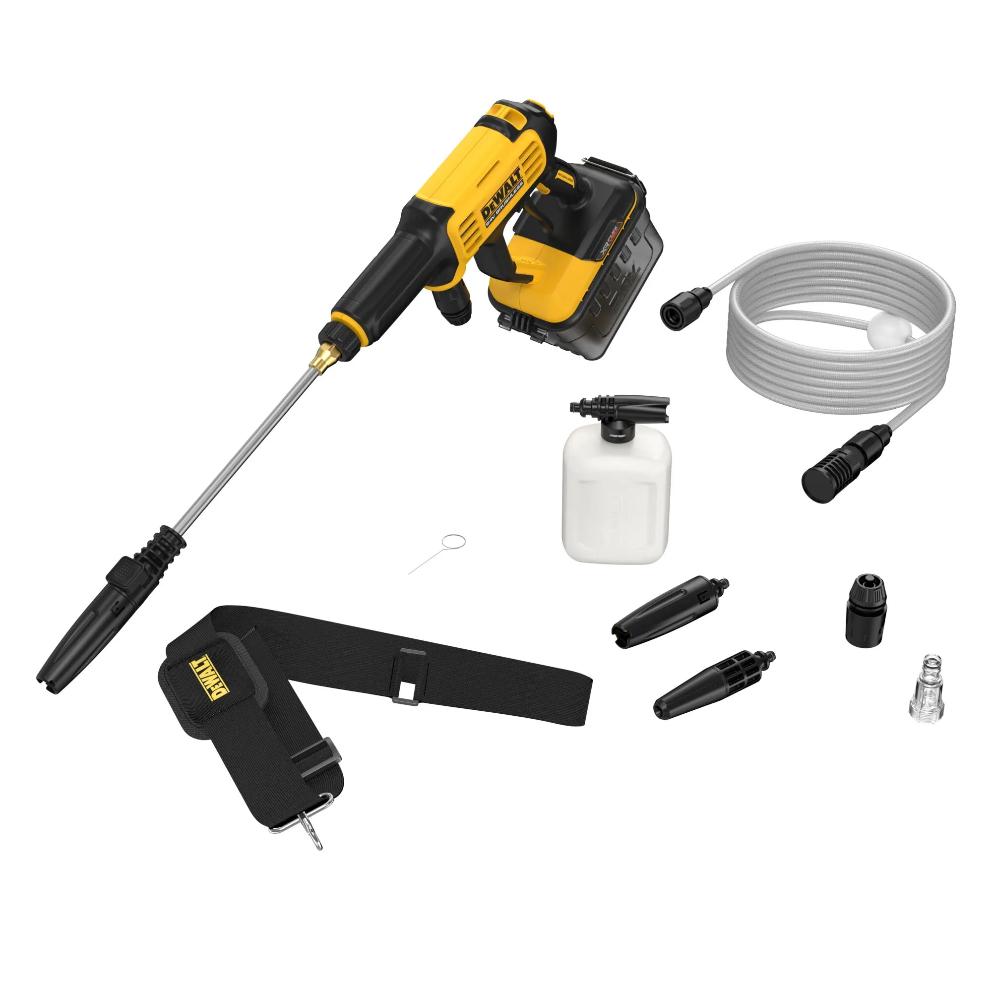 Pildil on DeWalt akusurvepesur DCMPW1000N koos erinevate tarvikutega, sealhulgas voolik, pihustid ja vahupudel.