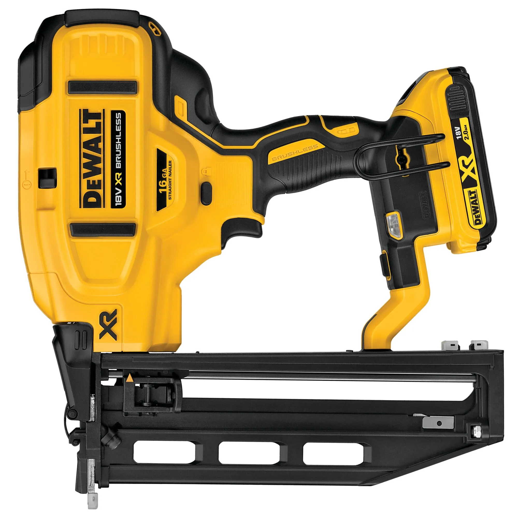 Pildil on kujutatud kollane ja must Dewalt 16GA akutoitega naelapüstol, mille küljel on näha brändi logo ja toote...