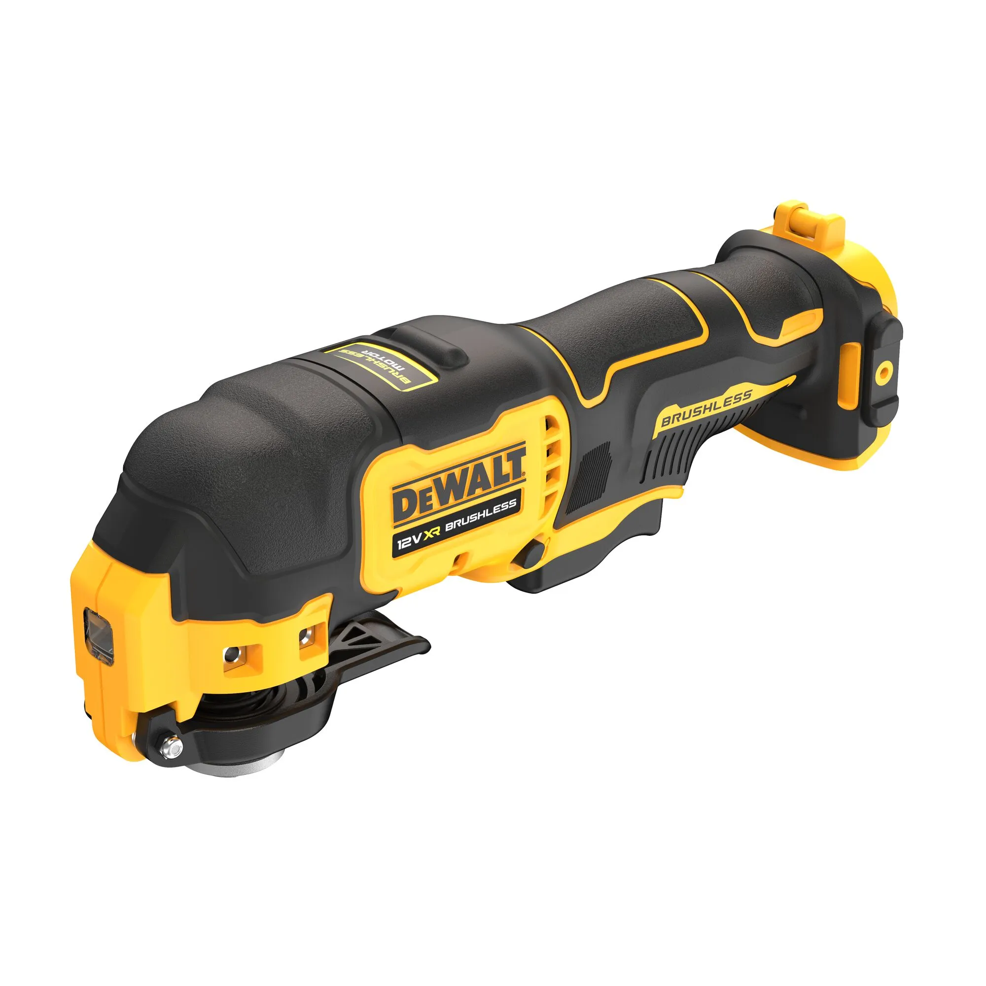 Pildil on DeWalt 12V XR harjadeta multitööriist, mis on kollast ja musta värvi.