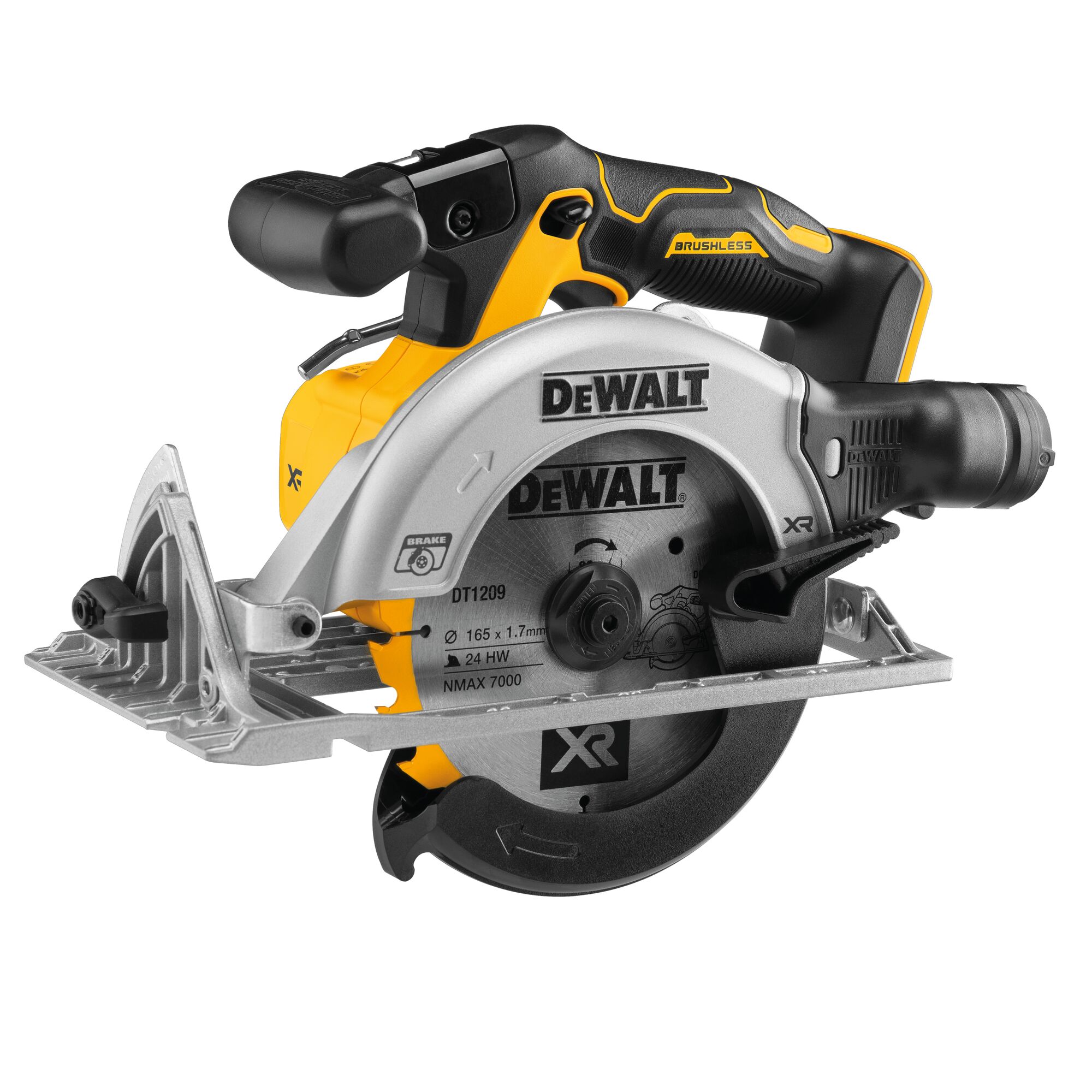Pildil on DeWalt akuketassaag DCS565NT, mis on varustatud teraga ja on valmis kasutamiseks.