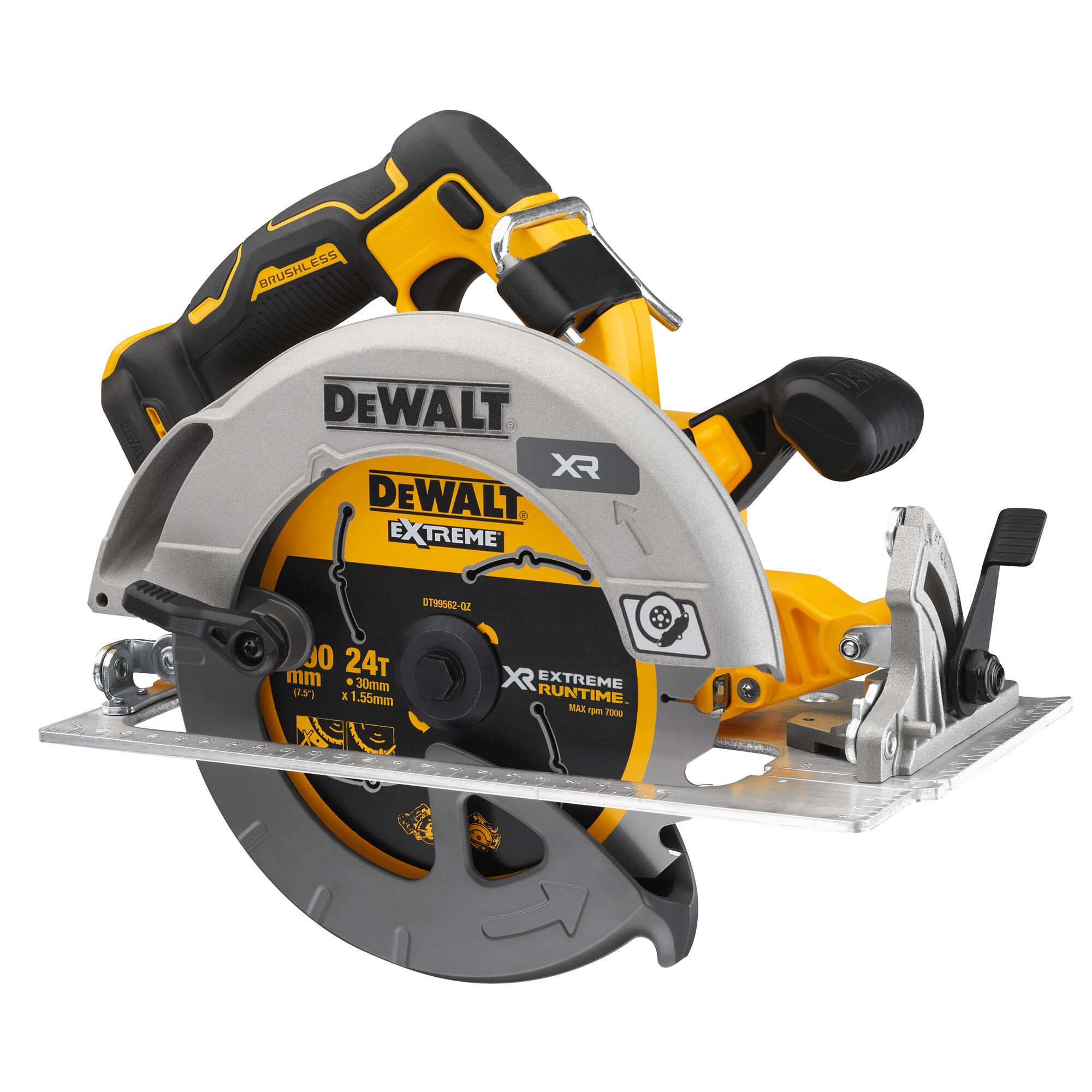 Pildil on DeWalt akuketassaag DCS573NT, mis on varustatud teraga ja näitab sae disaini ning funktsioone.