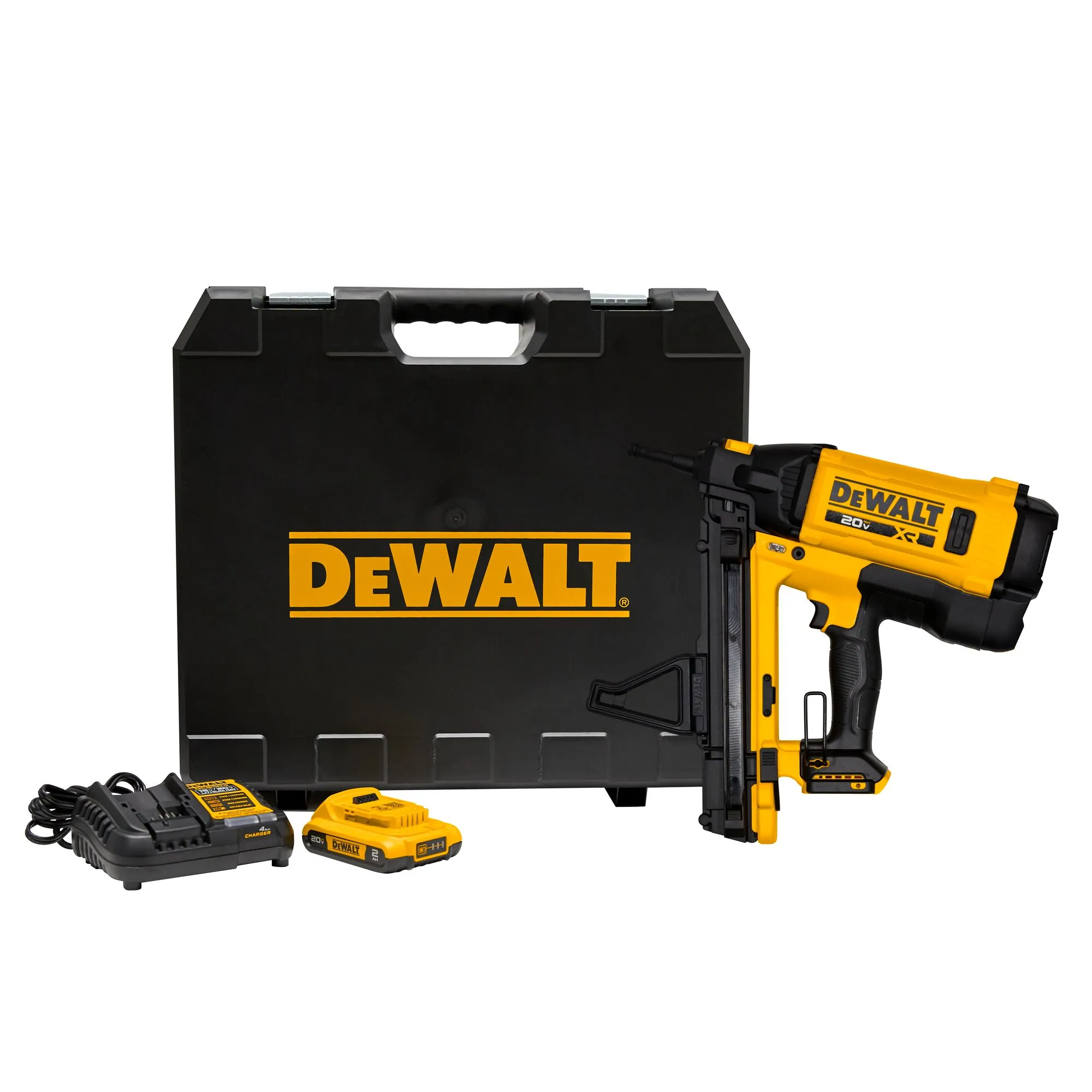 Pildil on näha DeWalt gaasiga akunaelapüstol koos akulaadija, aku ja hoiukohvriga.