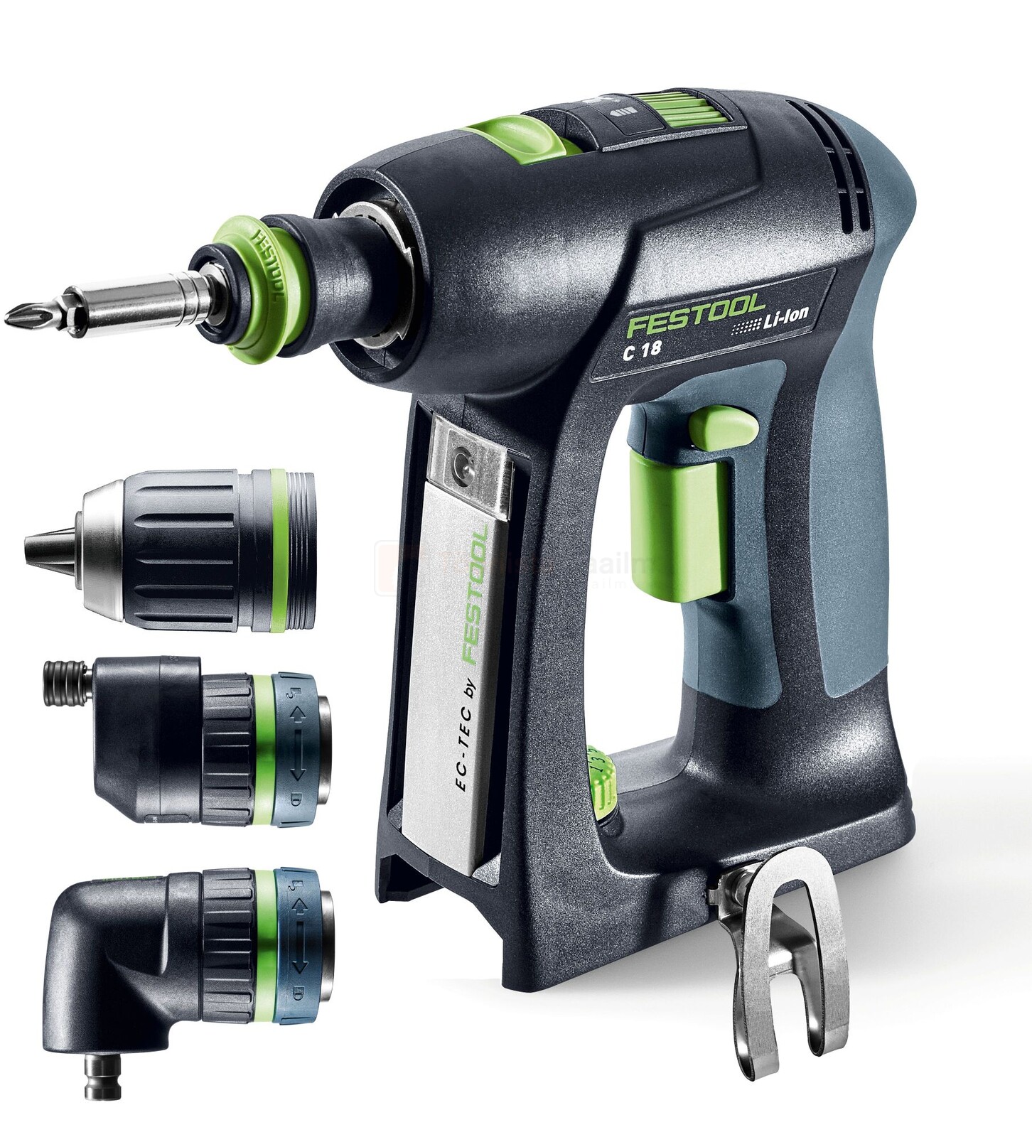 Pildil on Festool akutrell-kruvikeeraja C 18 Basic-Set koos erinevate otsikutega.