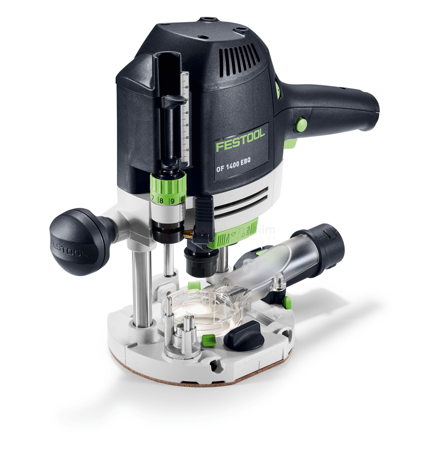 Pildil on Festool ülafrees OF 1400 EBQ-Plus, nähtavana selle mootoriplokk, juhikud, alus ja tolmueemaldusühendus.