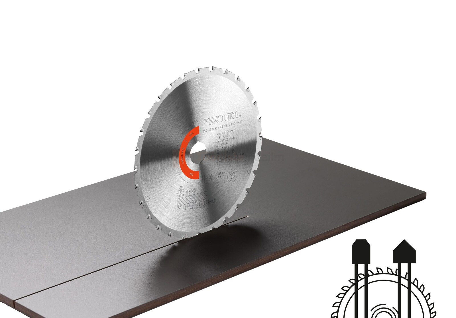 Pildil on Festool teemantketas DIA 160x1,8x20 TD28, mis on paigutatud lõikama tumedat plaati.
