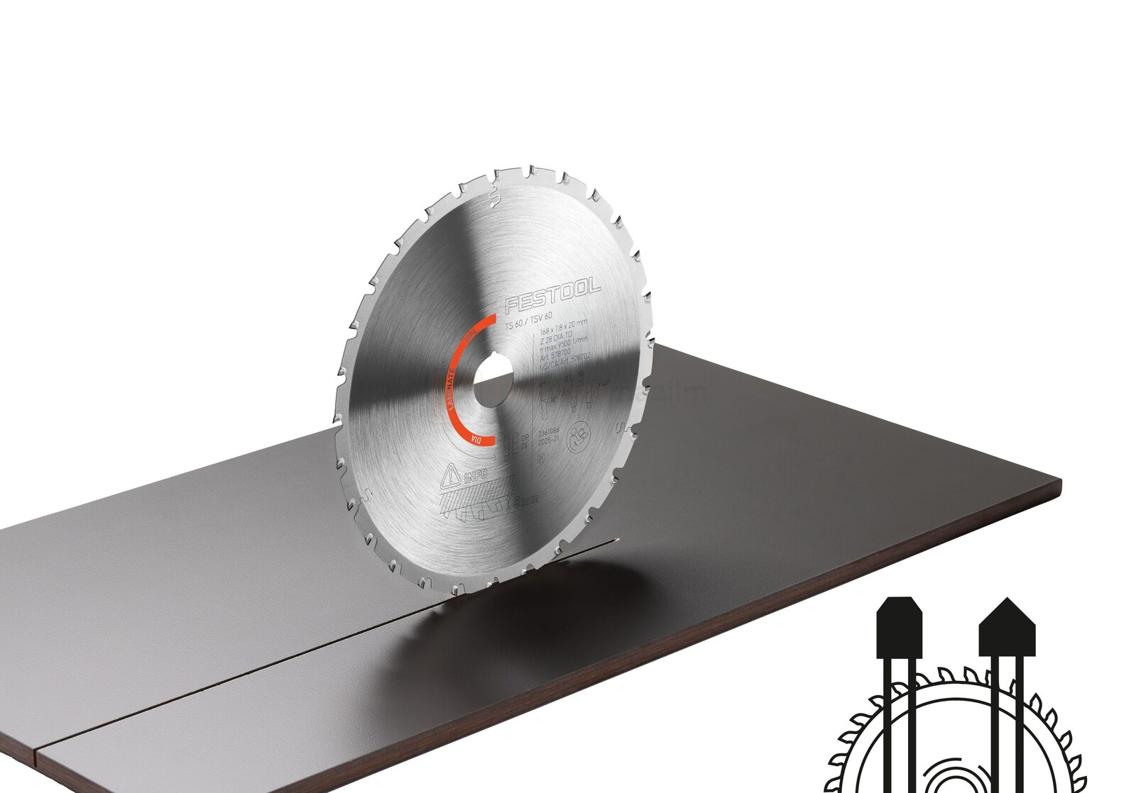 Pildil on Festool teemantketas DIA 168x1,8x20 TD28, mis on paigutatud lõikama tumedat plaati.