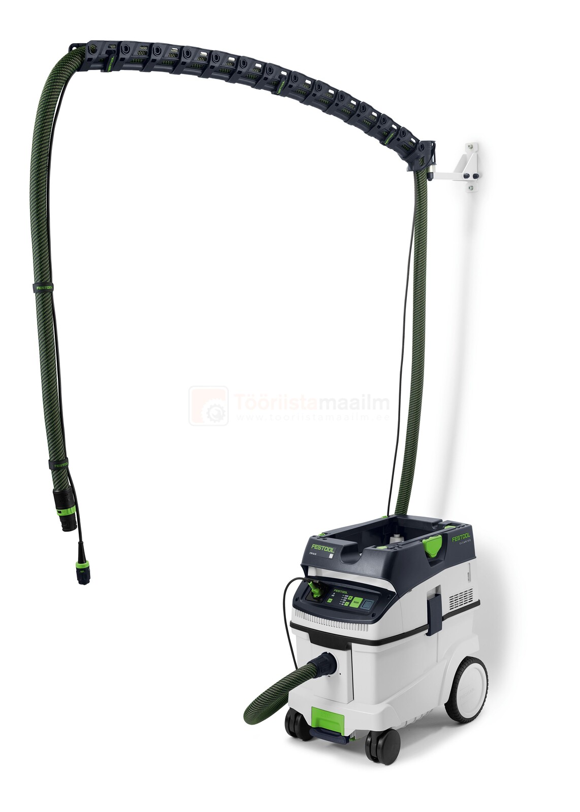 Pildil on Festool tolmuimemise poom CT-ASA FLX W, mis on kinnitatud seinale ja mille külge on ühendatud tolmuimeja.