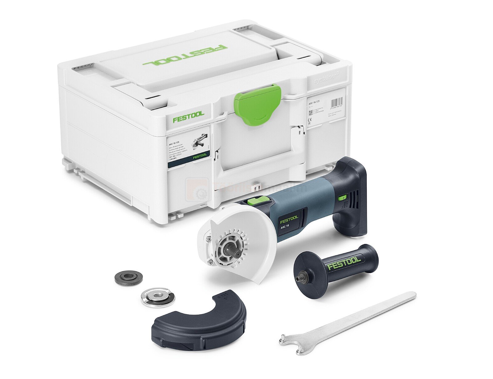 Pildil on Festool aku nurklihvmasin AGC 18-125 EB-Basic koos tarvikutega ja Systaineri kohvriga.