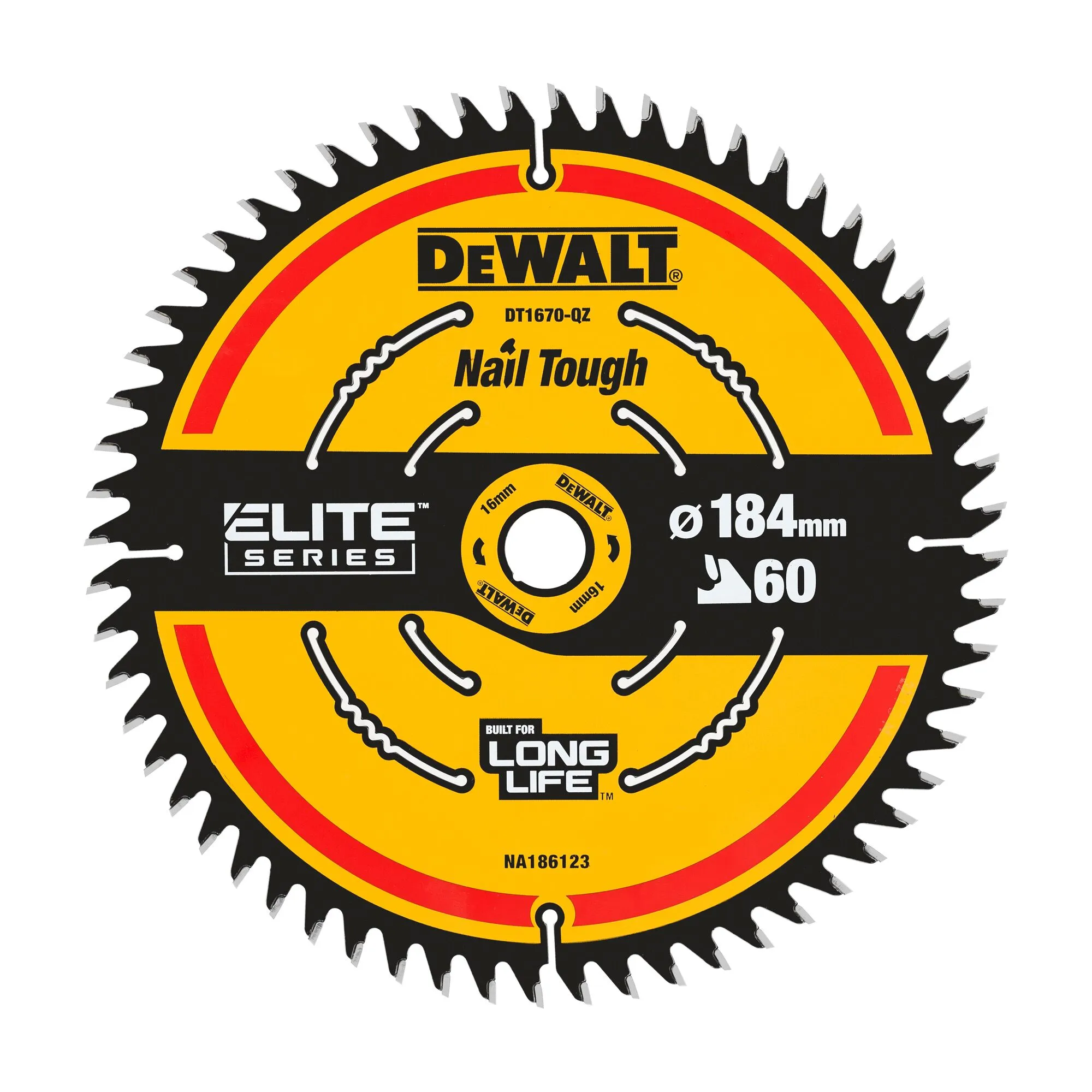 Pildil on näha DeWalt ELITE Nail Tough saeketas, mille läbimõõt on 184 mm ja mis on mõeldud naeltega töötamiseks.