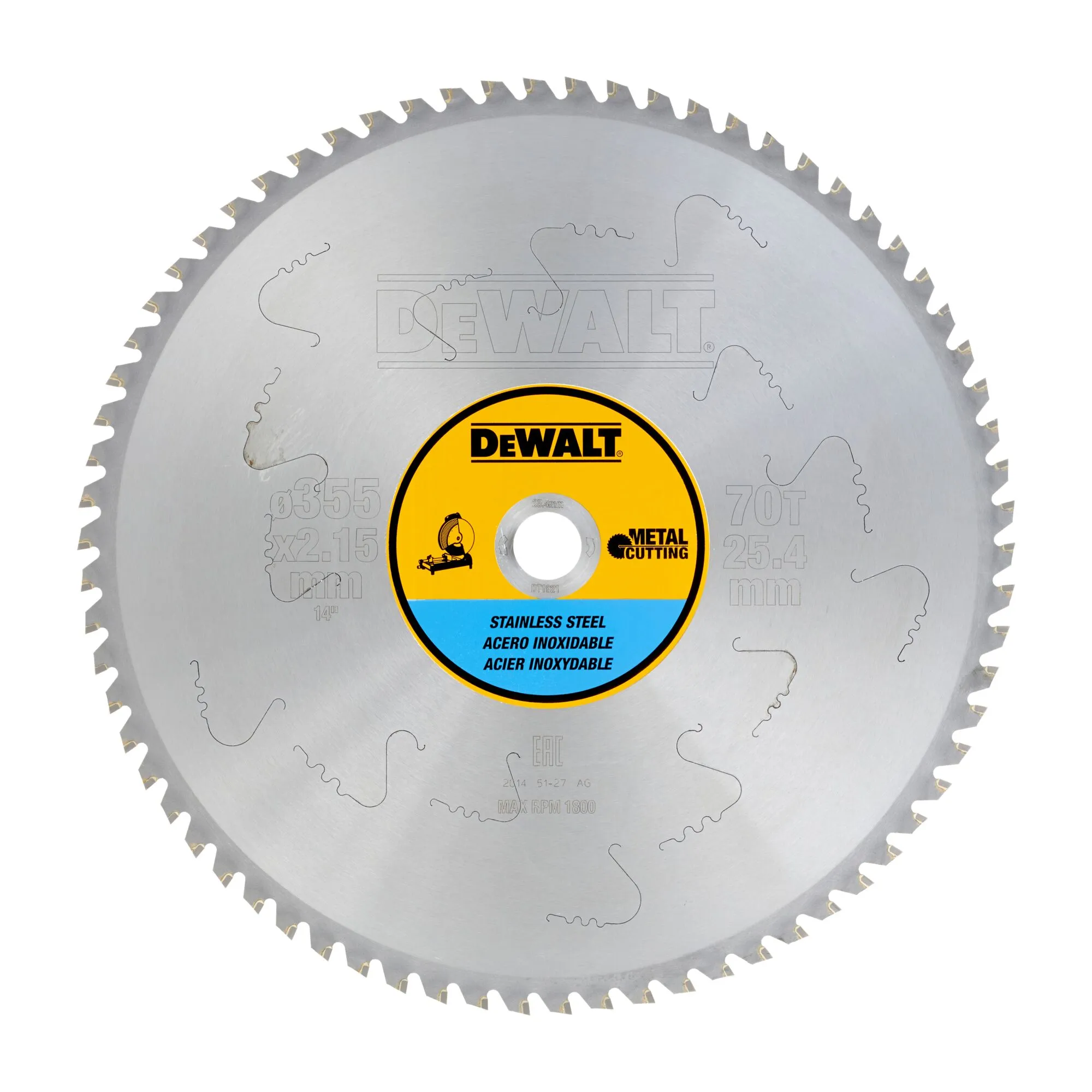 Pildil on näha DeWalt 355 x 25.4 mm 70T saeketas roostevaba terase lõikamiseks.