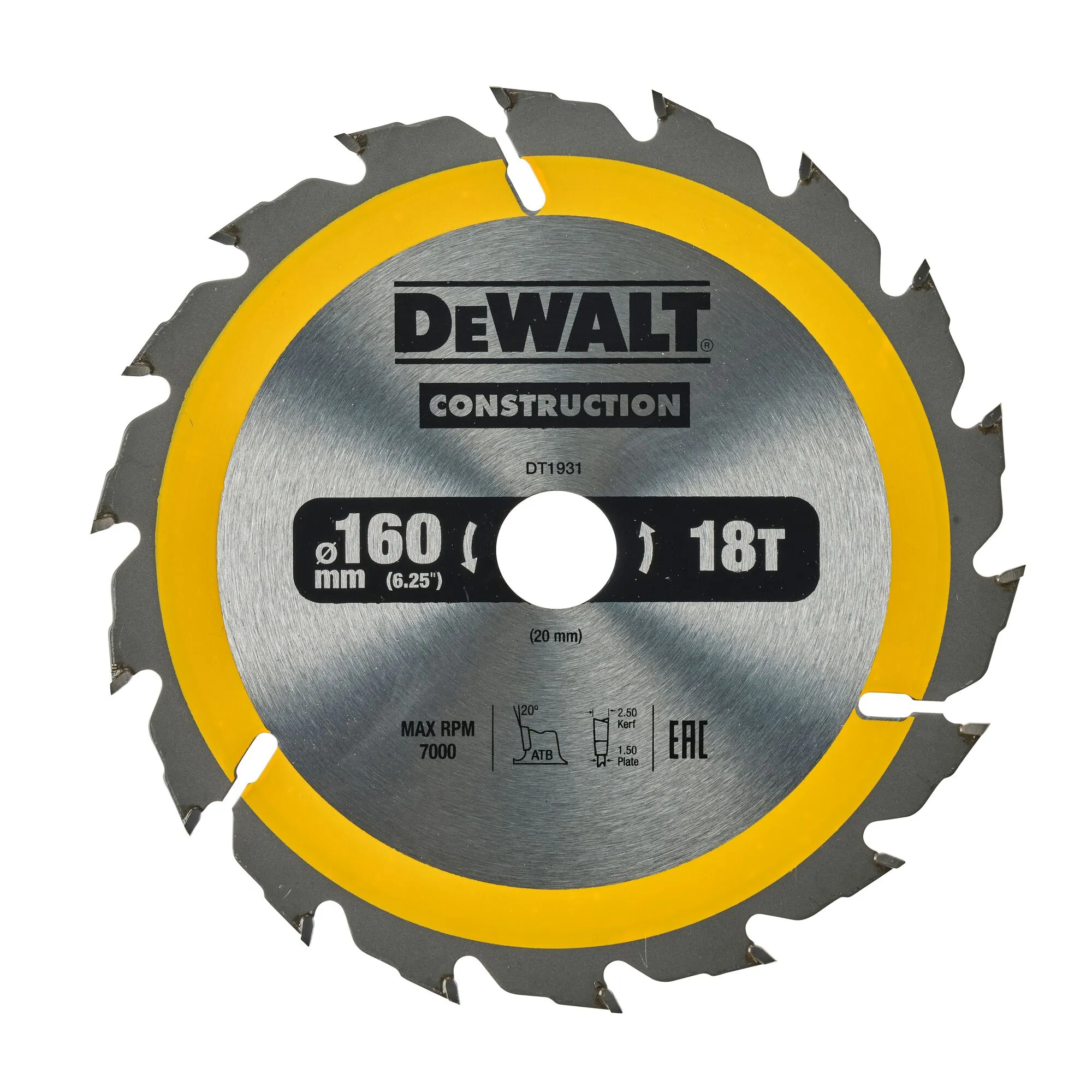 Pildil on näha DeWalt Construction saeketas, mille läbimõõt on 160 mm ja millel on 18 hammast.