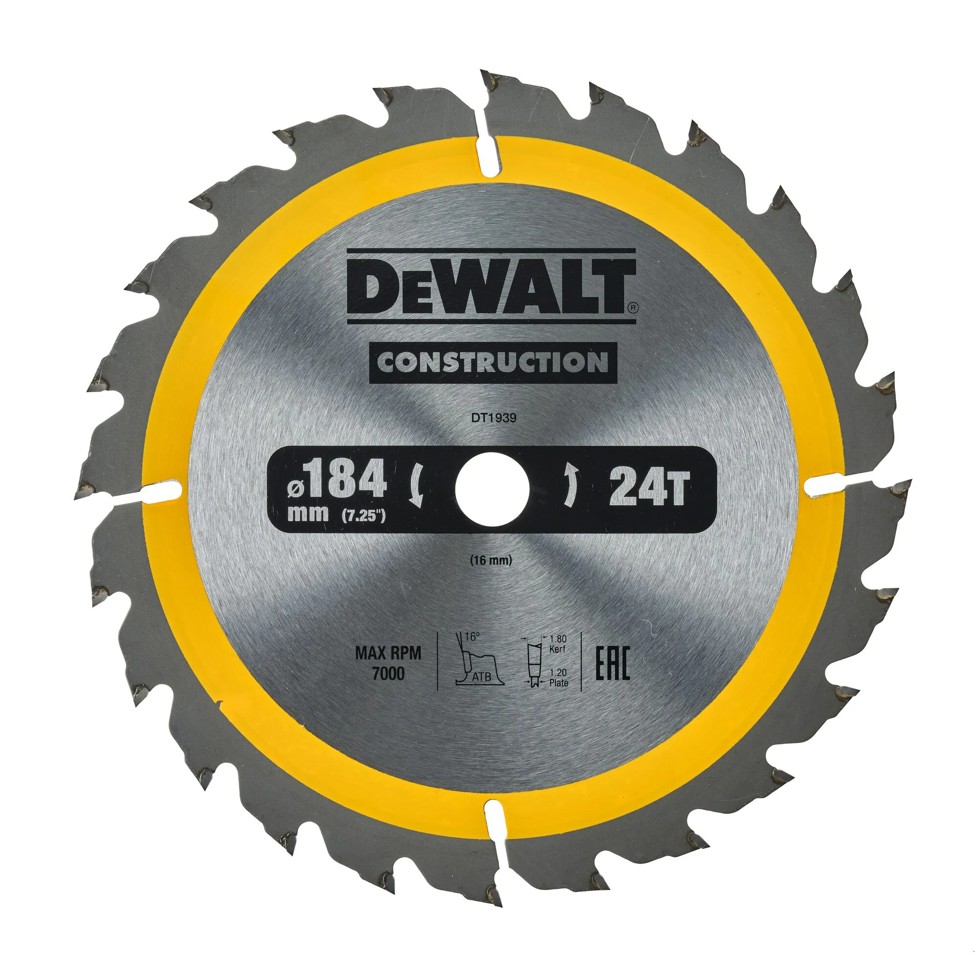 Pildil on näha DeWalt Construction seeria saeketas, mille läbimõõt on 184 mm ja 24 hammast.