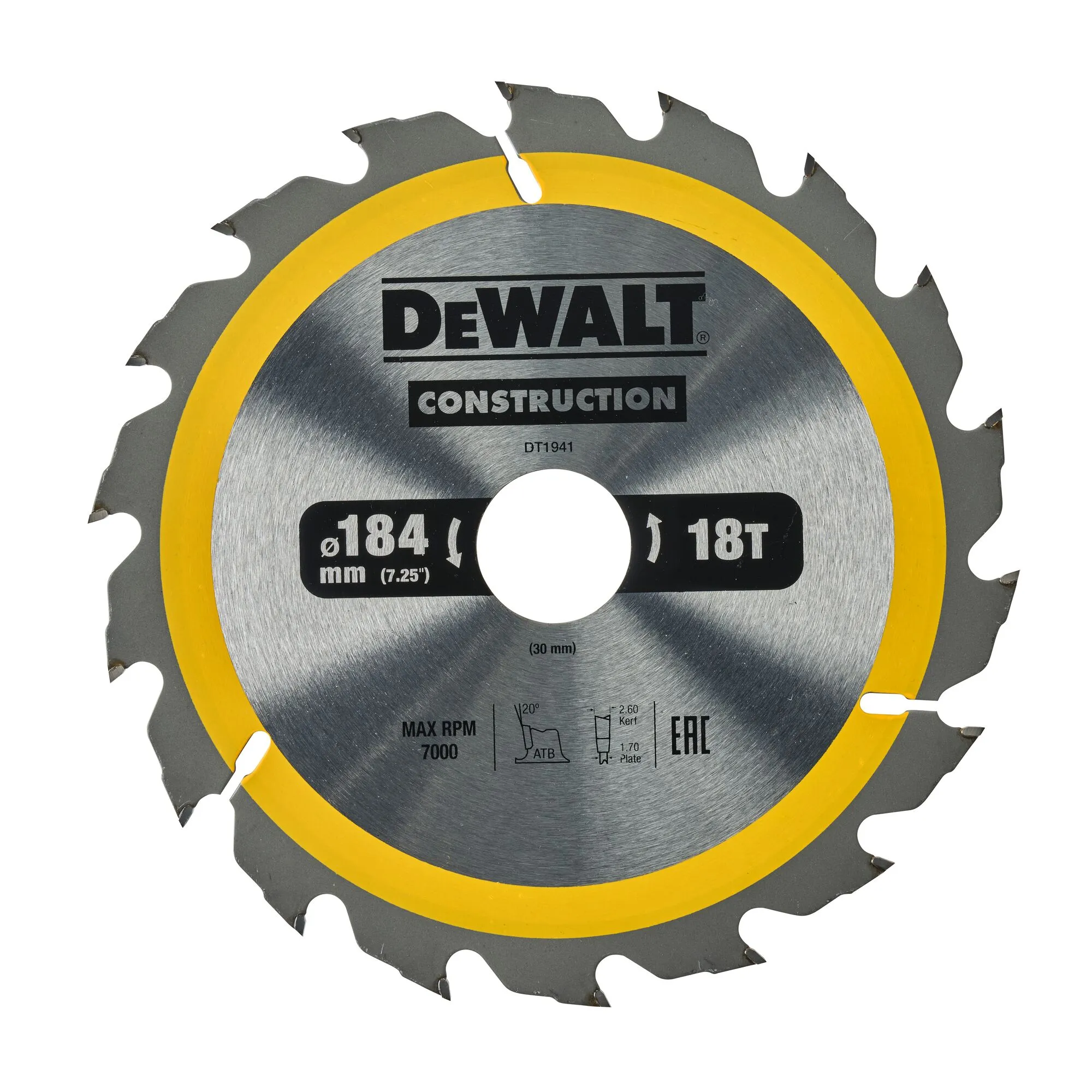 Pildil on näha DeWalt Construction seeria 184 mm läbimõõduga ja 18 hambaga saeketas.