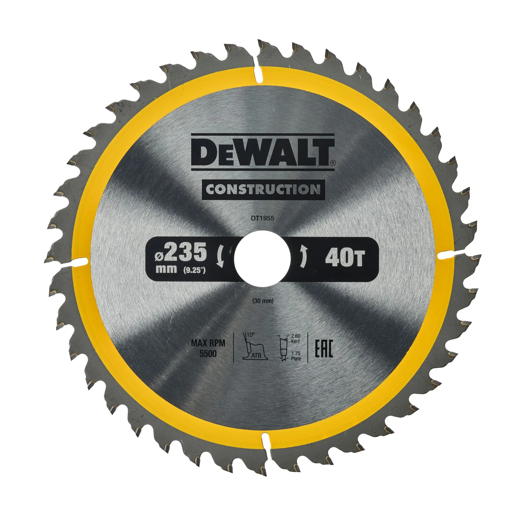 Pildil on näha DeWalt Construction seeria 235 mm läbimõõduga ja 40 hammast omav saeketas.