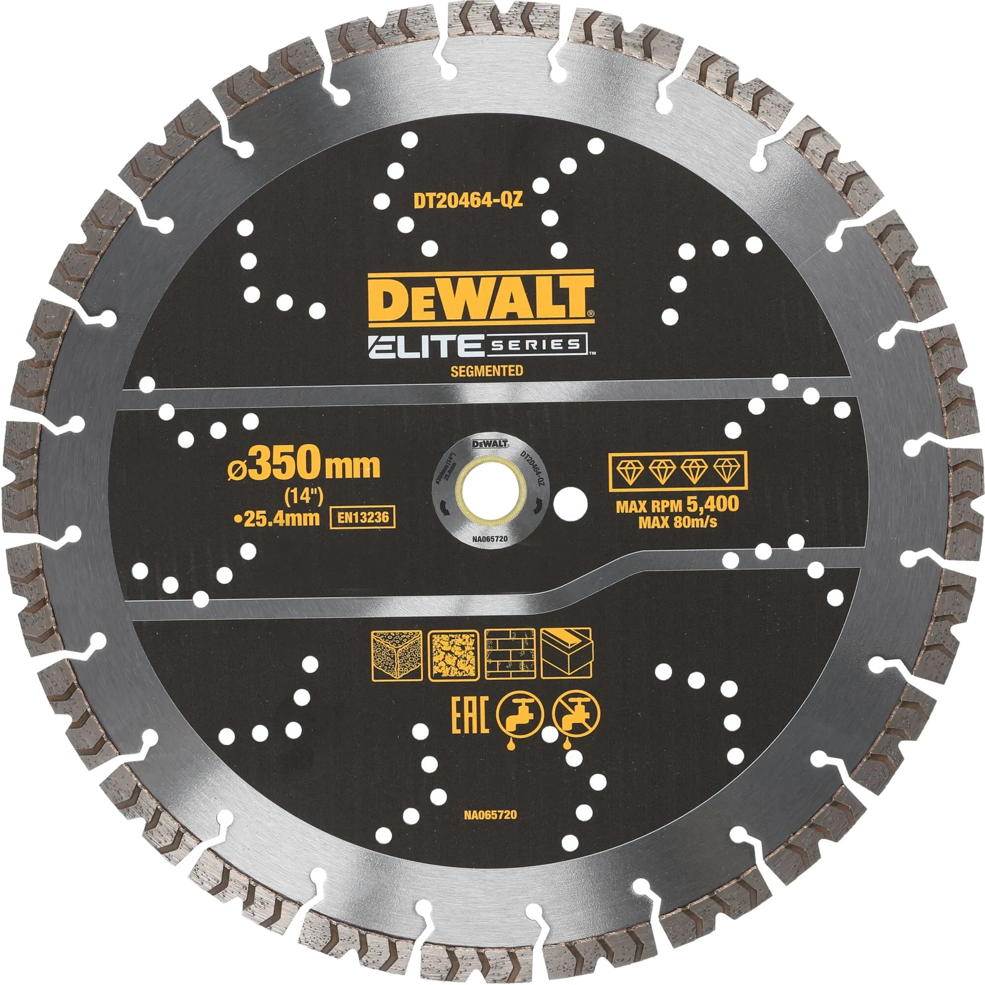 Pildil on DeWalt teemantlõikeketas Elite 350 mm, millel on näha selle märgistused ja tehnilised andmed.