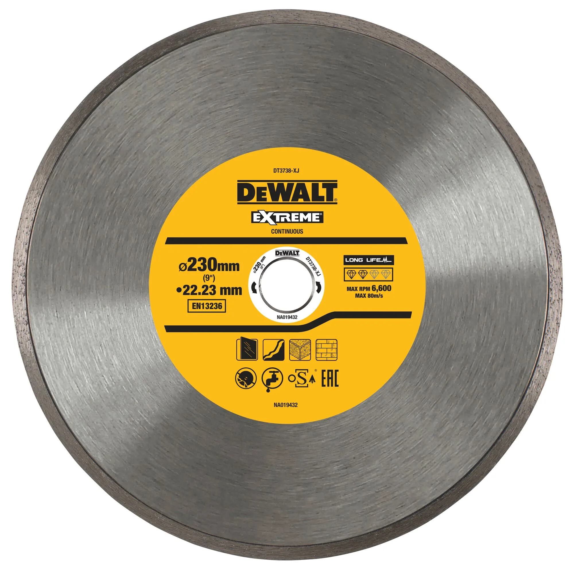Pildil on näha DeWalt teemantlõikeketas, mille läbimõõt on 230 mm ja ava 22,23 mm, mõeldud kivimaterjalide lõikamiseks.