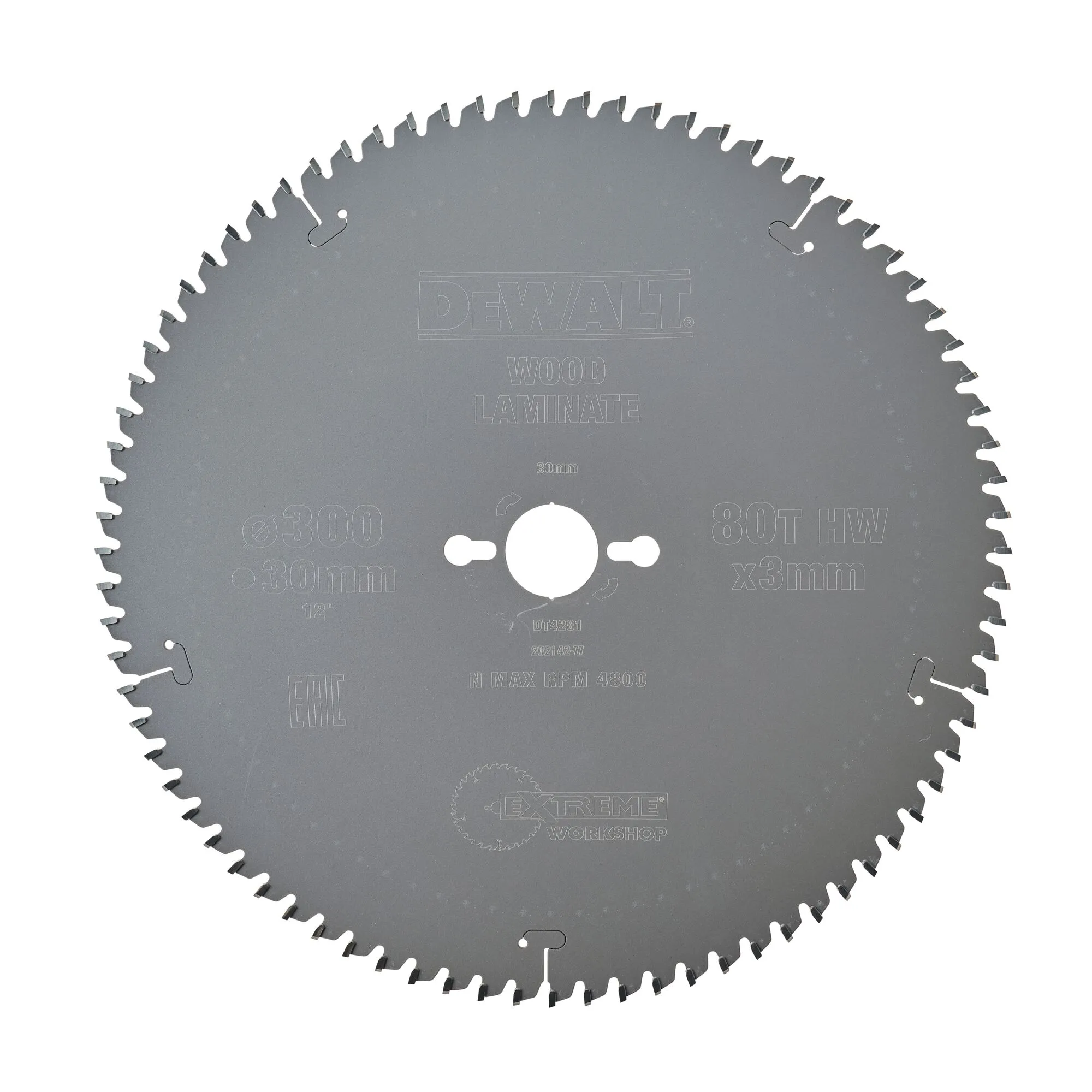 Pildil on DeWalt saeketas 300 x 30 mm TCG 80T, millel on kirjas ka "WOOD LAMINATE".