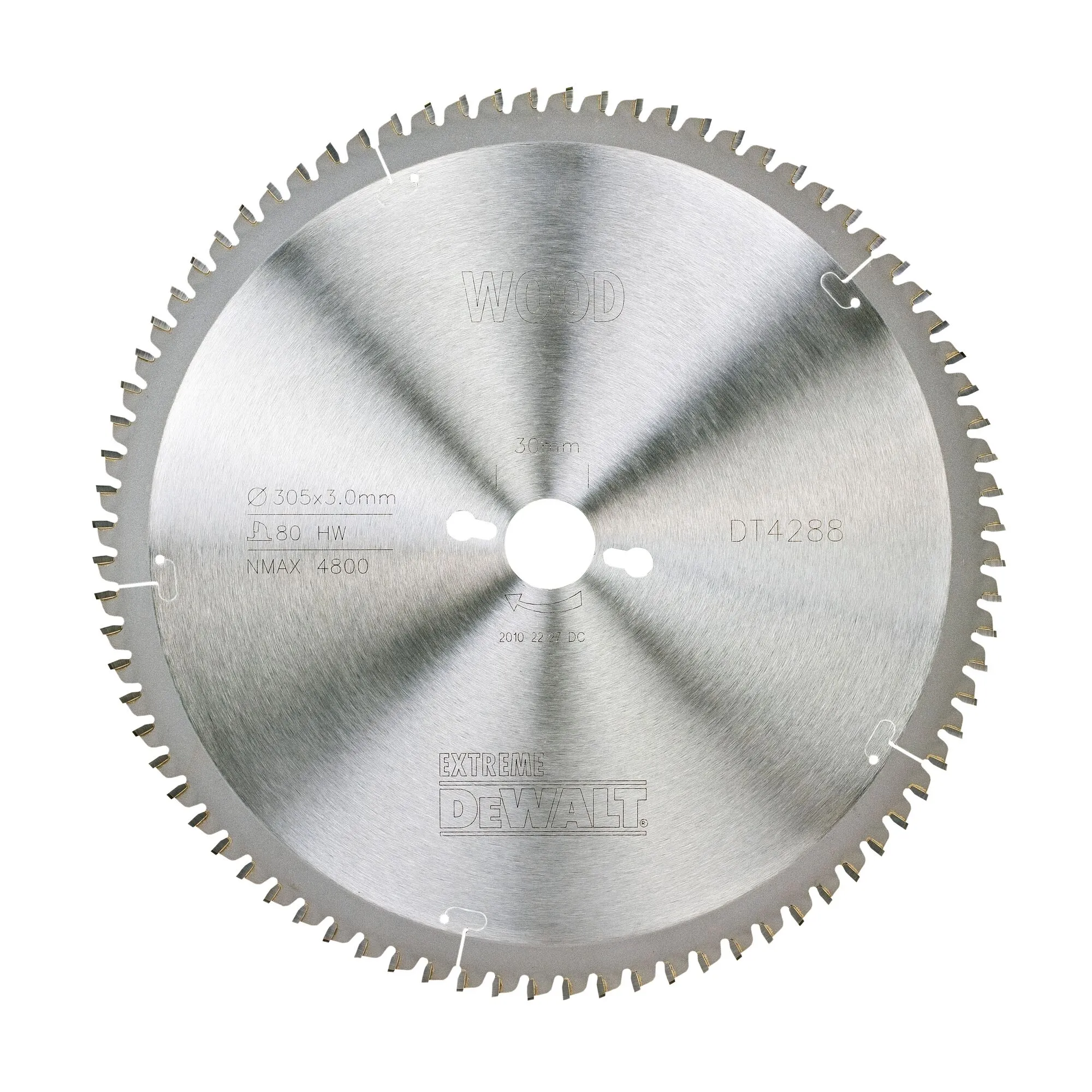 Pildil on näha metallist DeWalt saeketas, mille läbimõõt on 305 mm ja siseläbimõõt 30 mm, ning millel on 80 hammast.