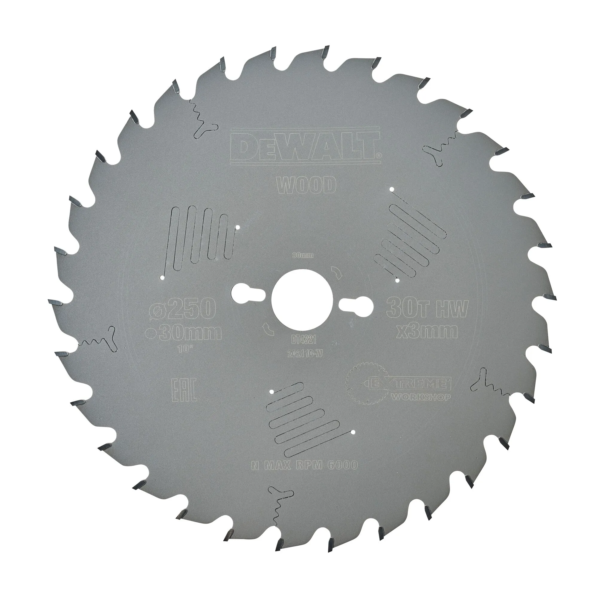 Pildil on näha ühest küljest teritatud, 30 hambaga ja 250 mm läbimõõduga DeWalt saeketas puidu töötlemiseks.