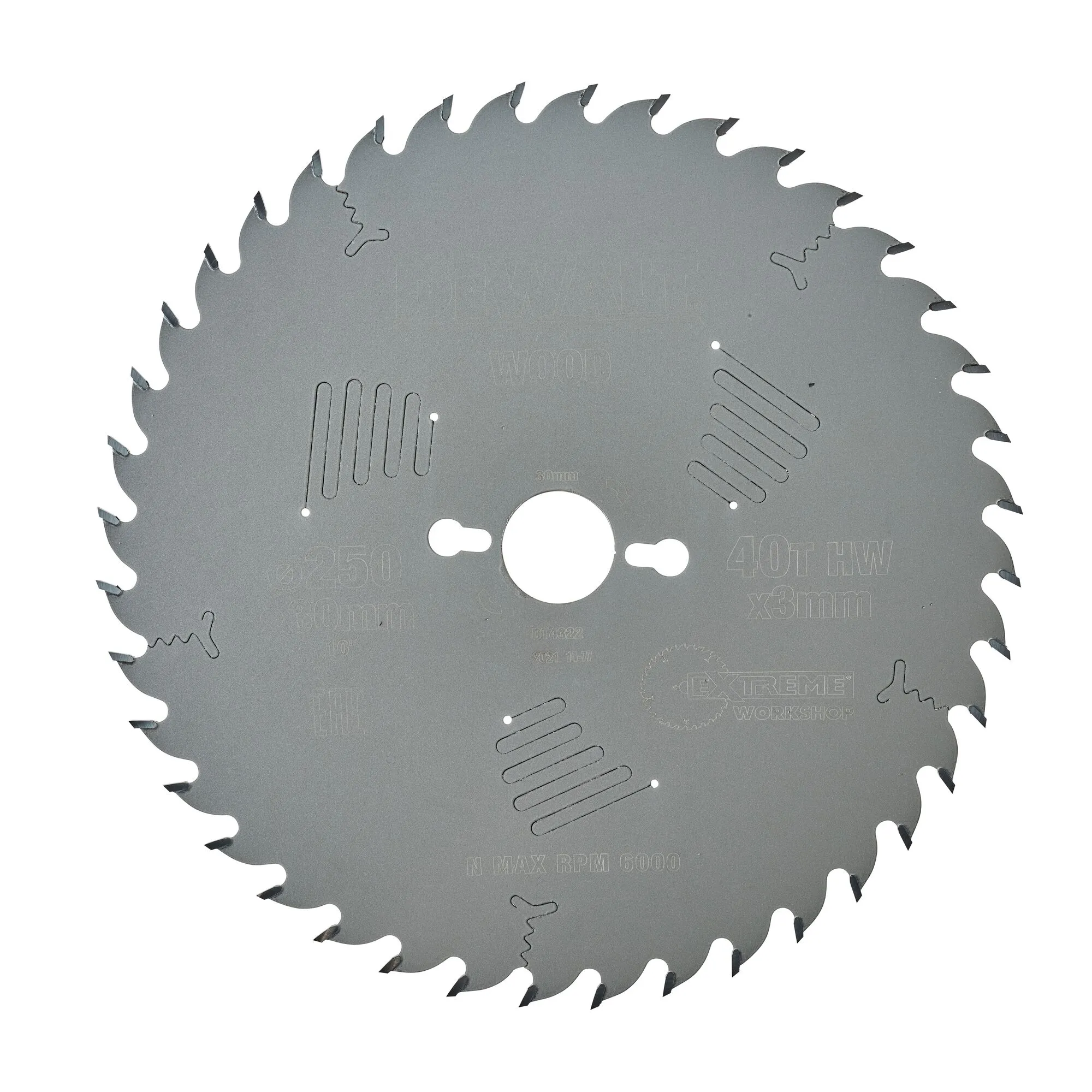 Pildil on näha DeWalt saeketas, mille läbimõõt on 250 mm ja võlliava 30 mm.
