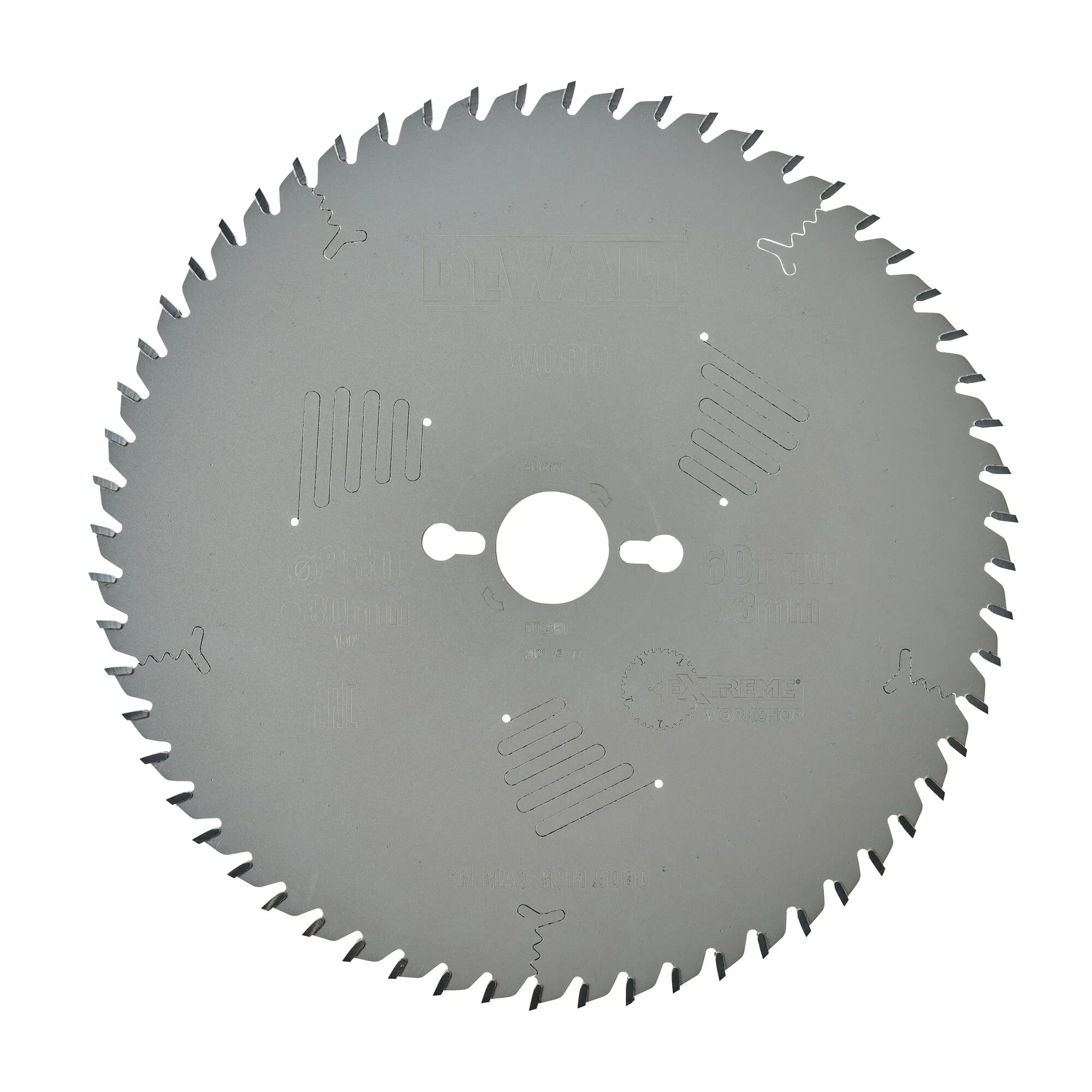Pildil on näha ringikujuline DeWalt saeketas, millel on 60 hammast ja läbimõõt 250 mm.