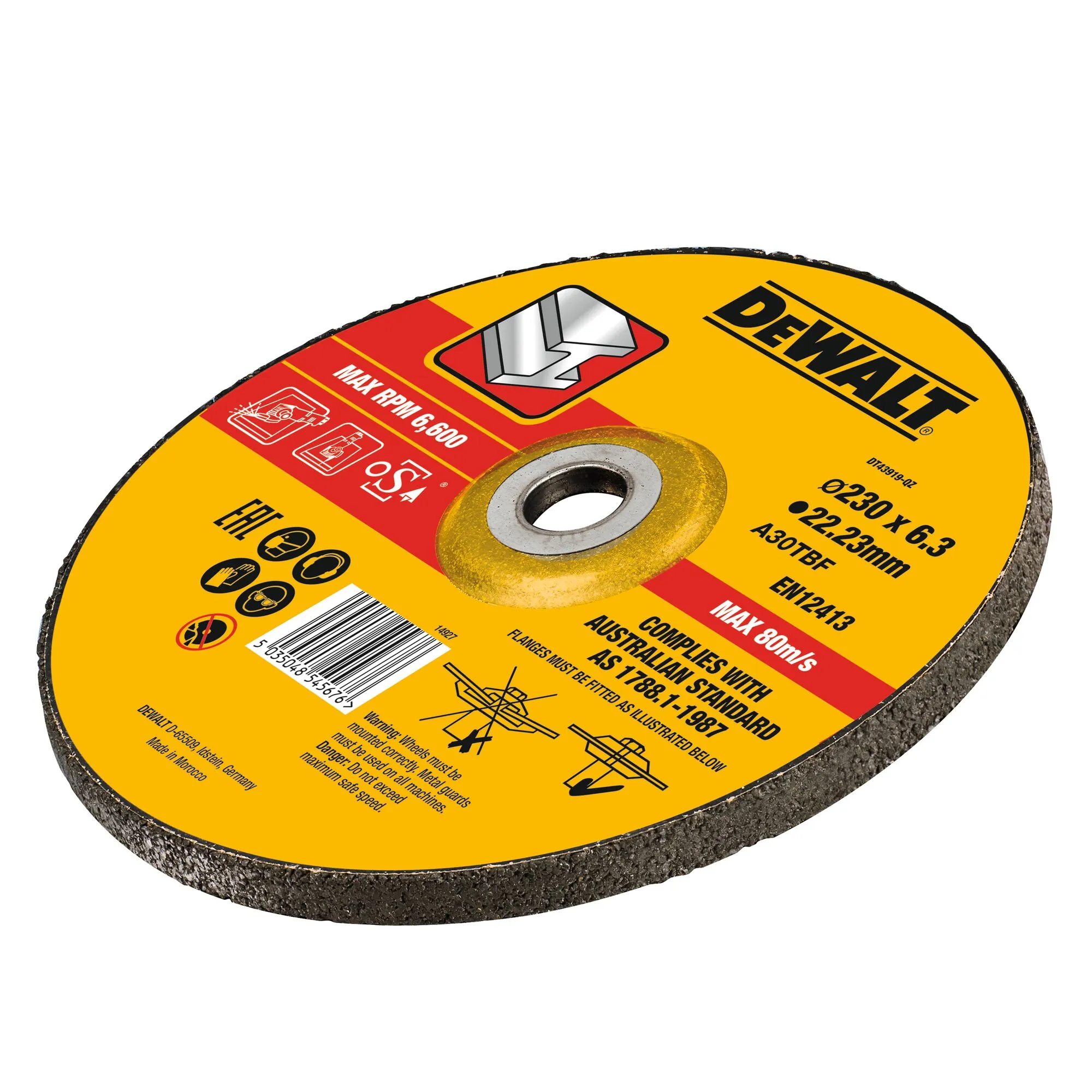 Pildil on kujutatud DeWalt Extreme 230 x 22.23 x 6mm lihvketas, mille kollasel pinnal on kaubamärk...