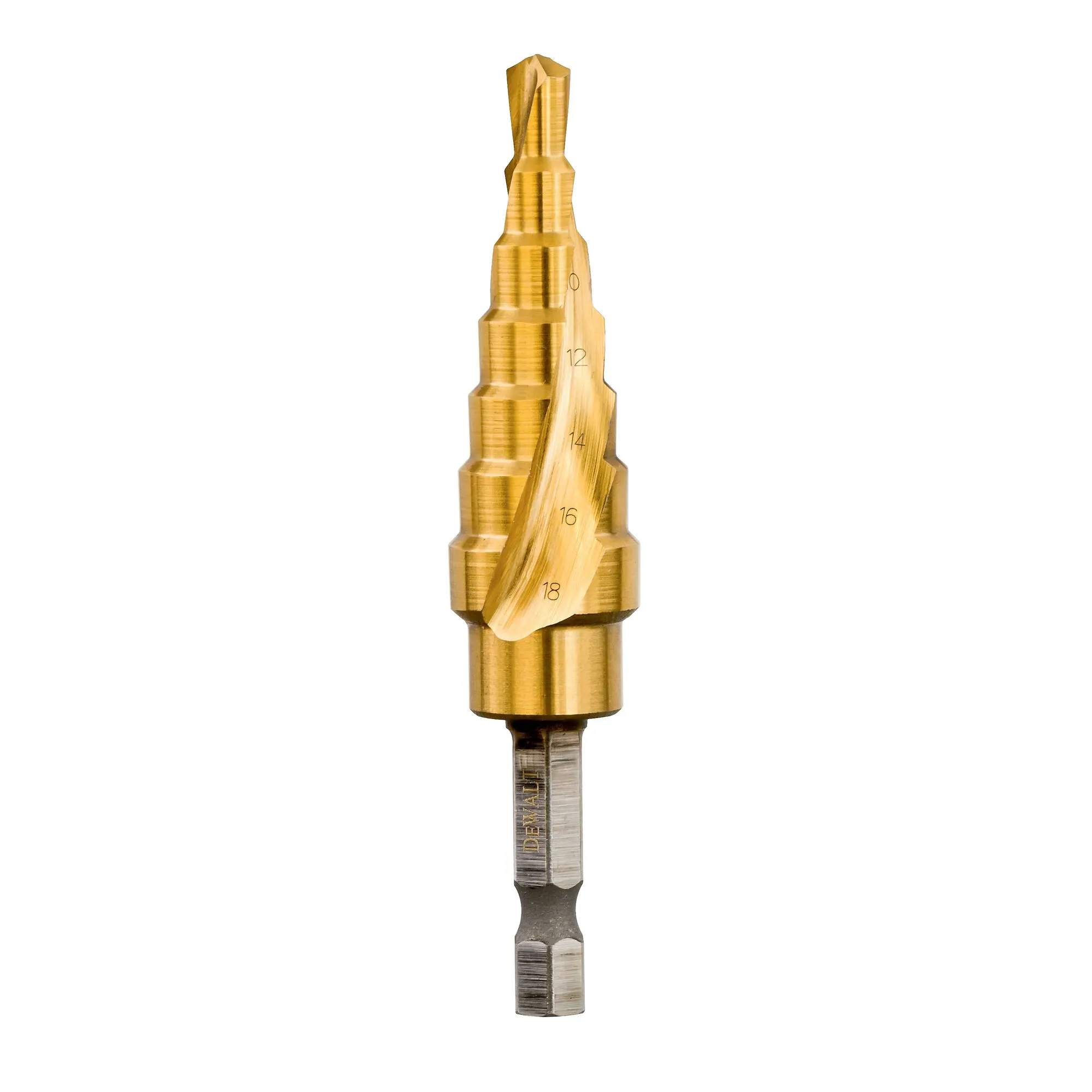 Pildil on näha kuldset DeWalt astmelist puurit, mille läbimõõt varieerub 6–18 mm.