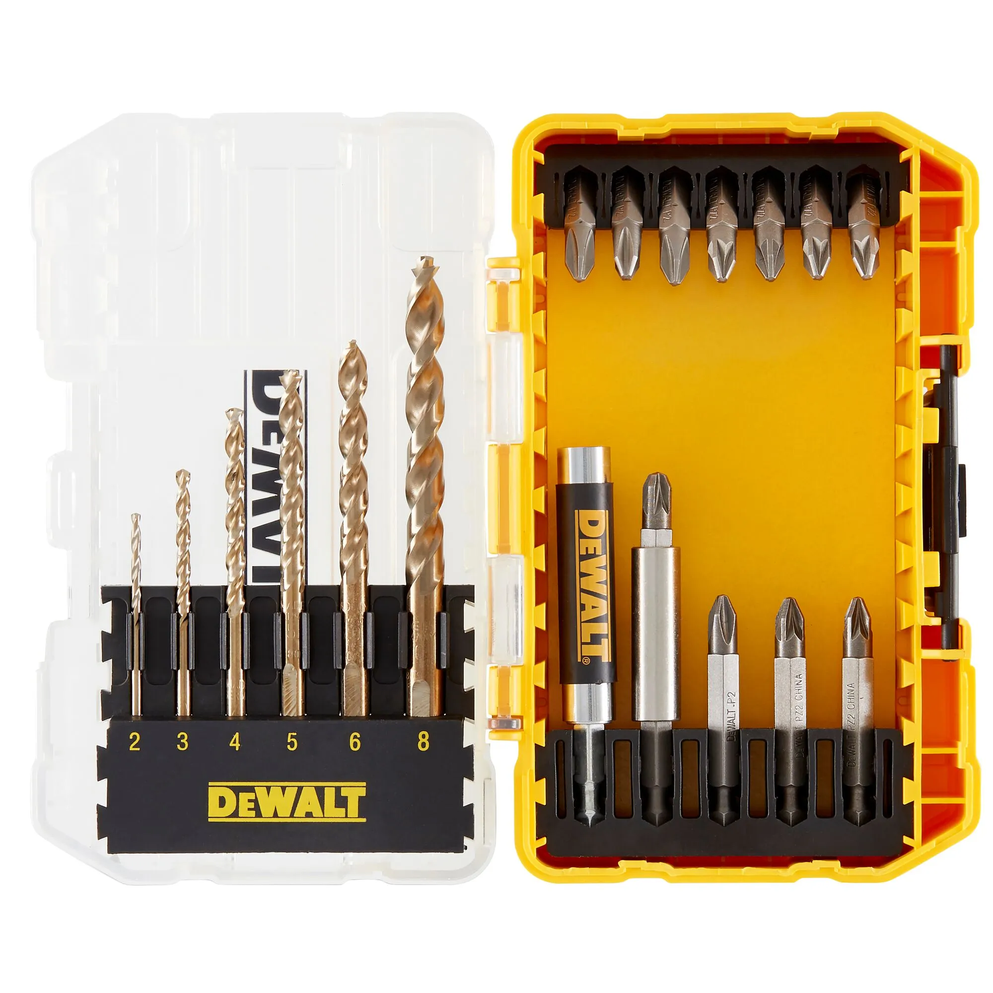Pildil on näha avatud DeWalt Extreme 19-osalise otsakute ja puuride komplekti kollane karp, kus on sorteeritud...