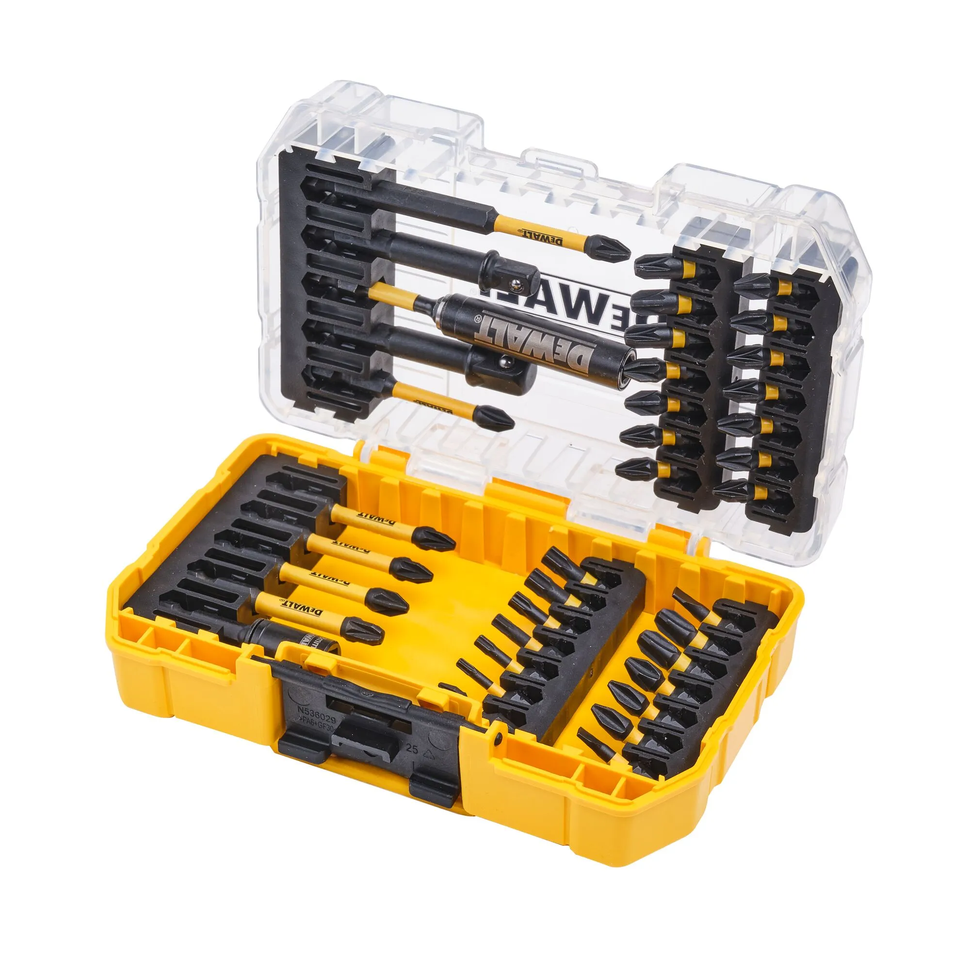 Pildil on näha avatud DeWalt FLEXTORQ otsikukomplekt, mis sisaldab erinevaid otsikuid ja kaitserauad.
