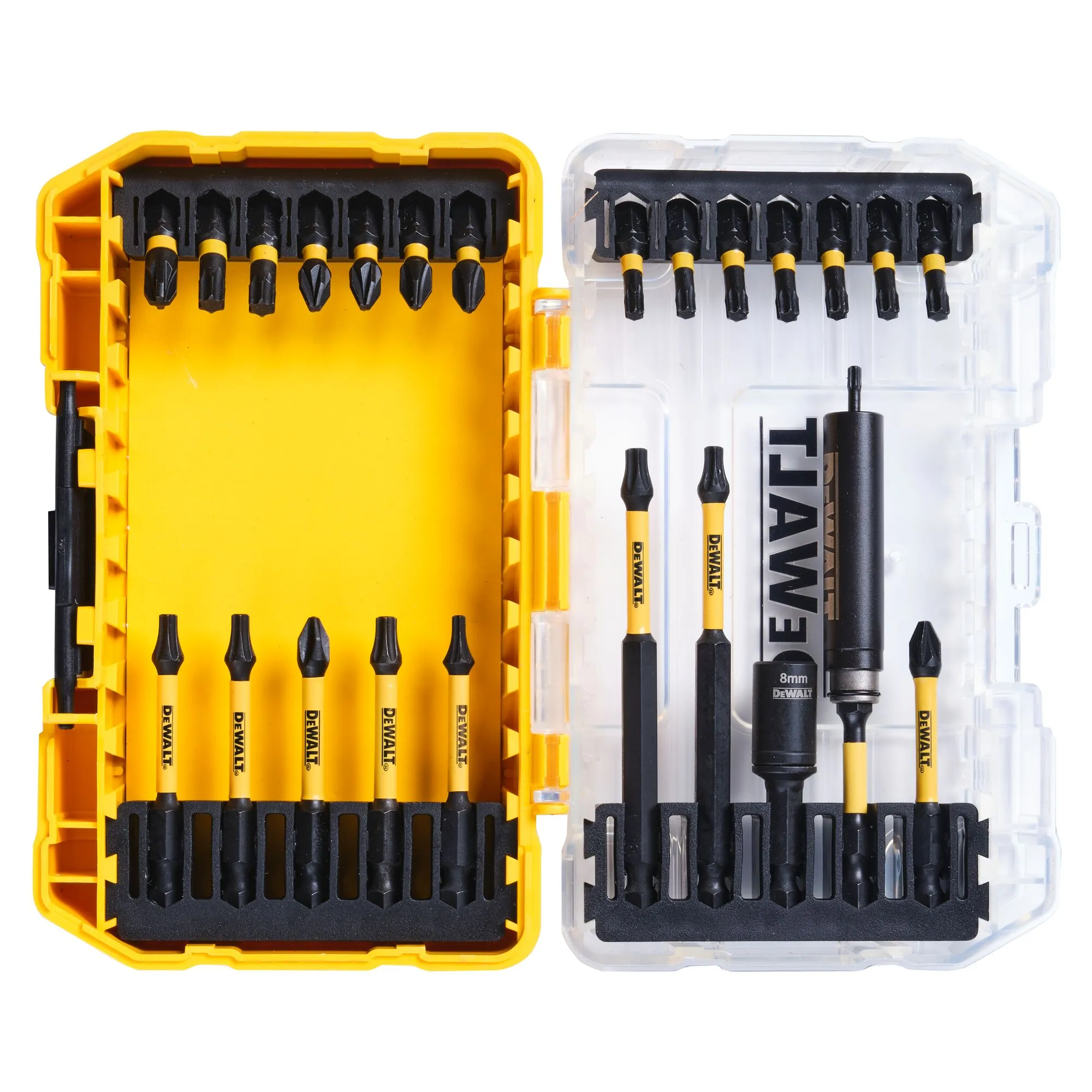 Pildil on näha DeWalt FLEXTORQ 25-osaline löökotsakute komplekt, mis sisaldab mitmeid erinevaid otsakuid ja magnetpead.