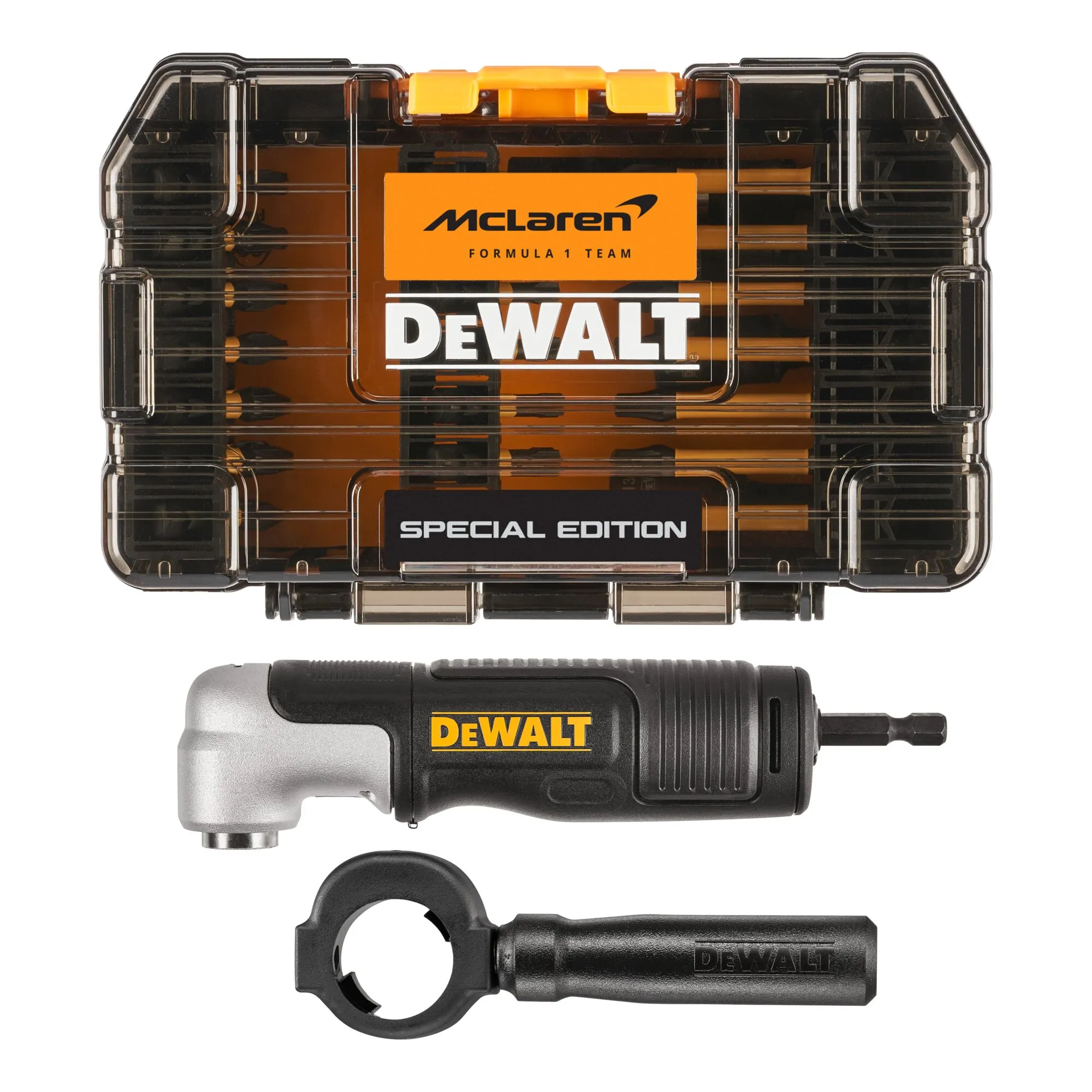 Pildil on DeWalt löökotsakute komplekt FLEXTORQ McLaren F1 Team Special Edition, mis sisaldab mitmesuguseid otsakuid ja...