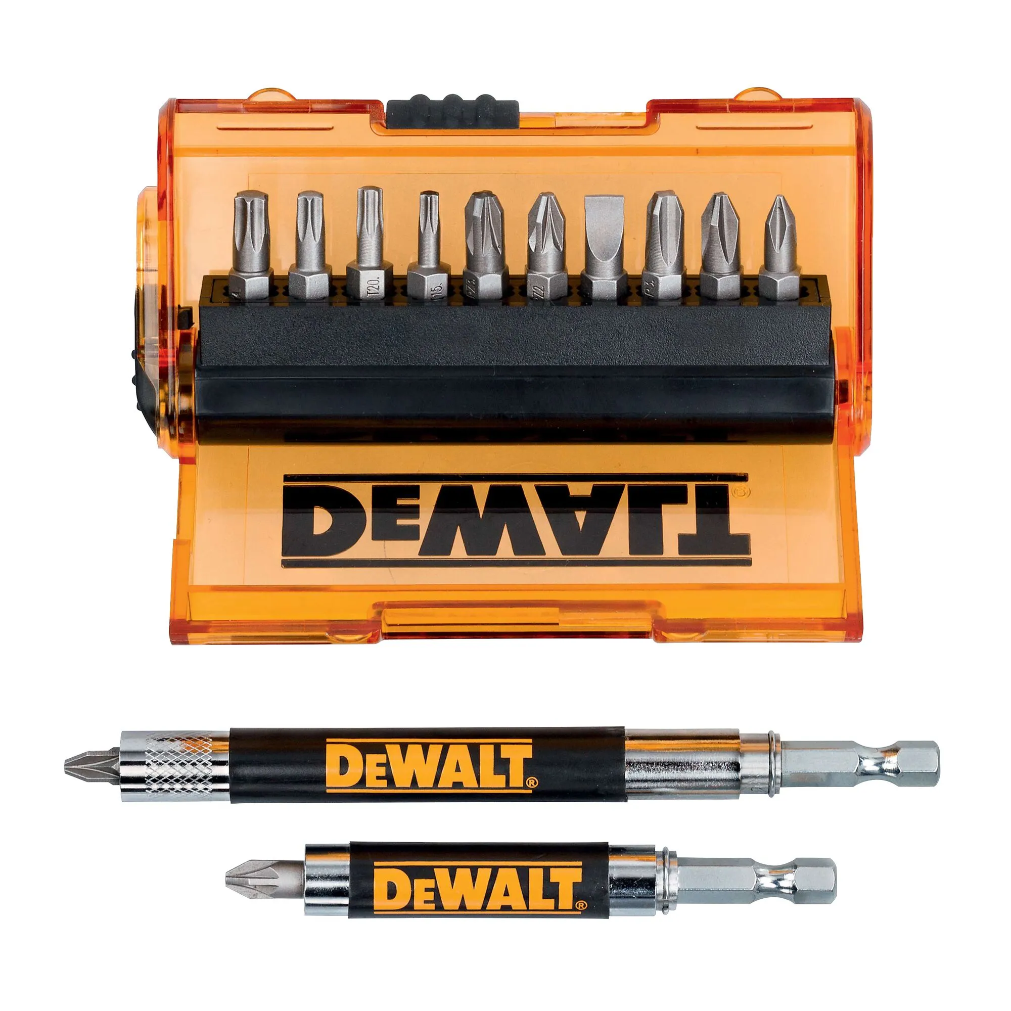 Pildil on näha DeWalt otsakute komplekt DT71502-QZ, mis sisaldab 14 osa, ning kaks magnetpeaga kruvikeerajat.