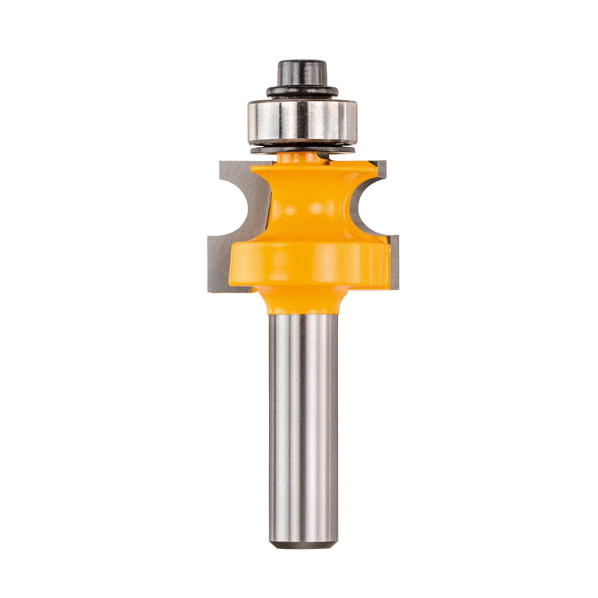 Pildil on DeWalt'i freesterade komplekti kuuluv freester, millel on kollane ots ja hõbedane vars ning seda kasutatakse...