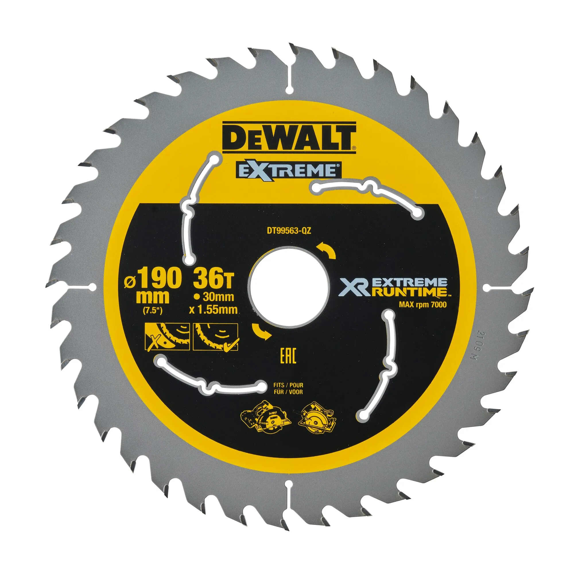 Pildil on DeWalt saeketas Extreme XR, millel on nähtavad mõõtmed, hammaste arv ja muud tehnilised andmed.