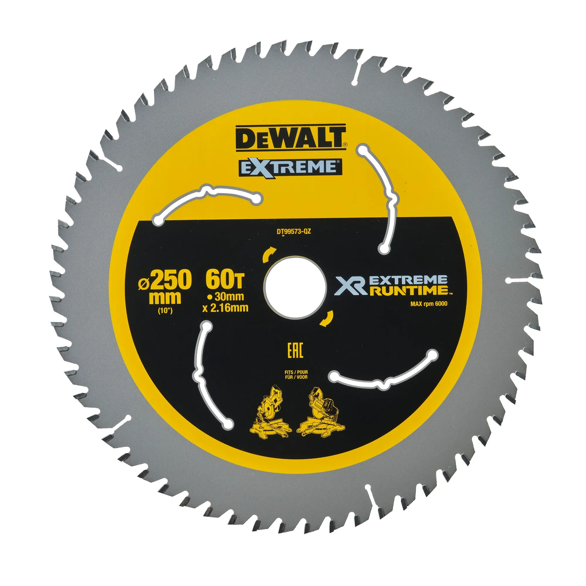 Pildil on DeWalt XR 250mm x 30mm 60T CSB saeketas, mida on näha valgel taustal.