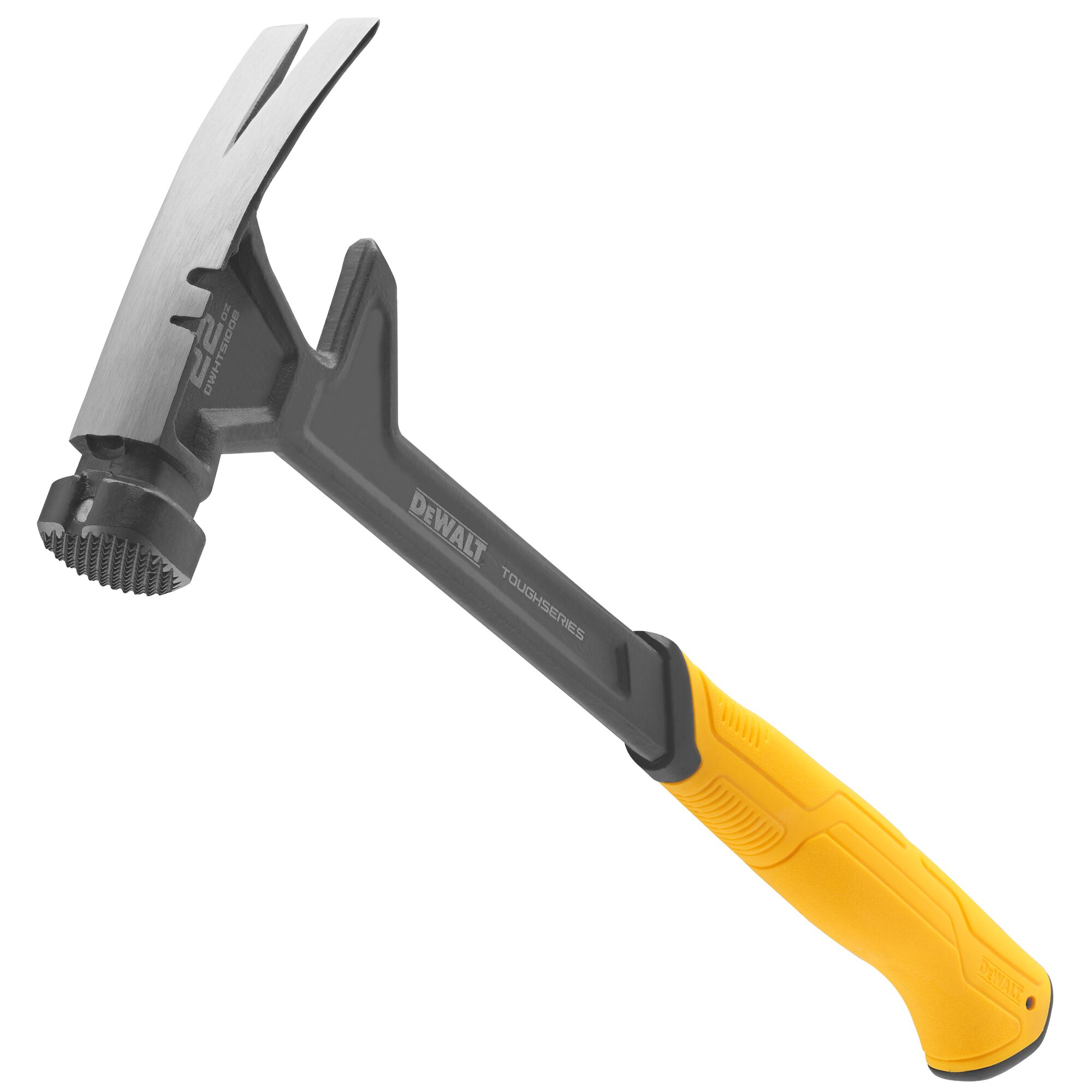 Pildil on DeWalt lammutusvasar, mida näidatakse diagonaalselt, esiletõstes selle pead, küünist ja kollast käepidet.